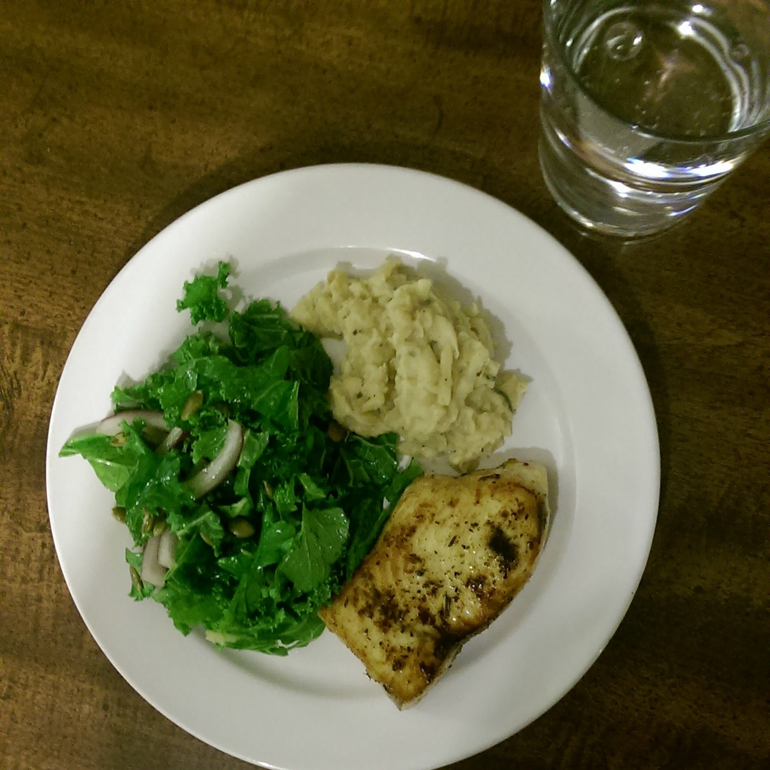 Swordfish with Mashed White Beans and Sage. Kale and Mustard Greens with Pepitas.