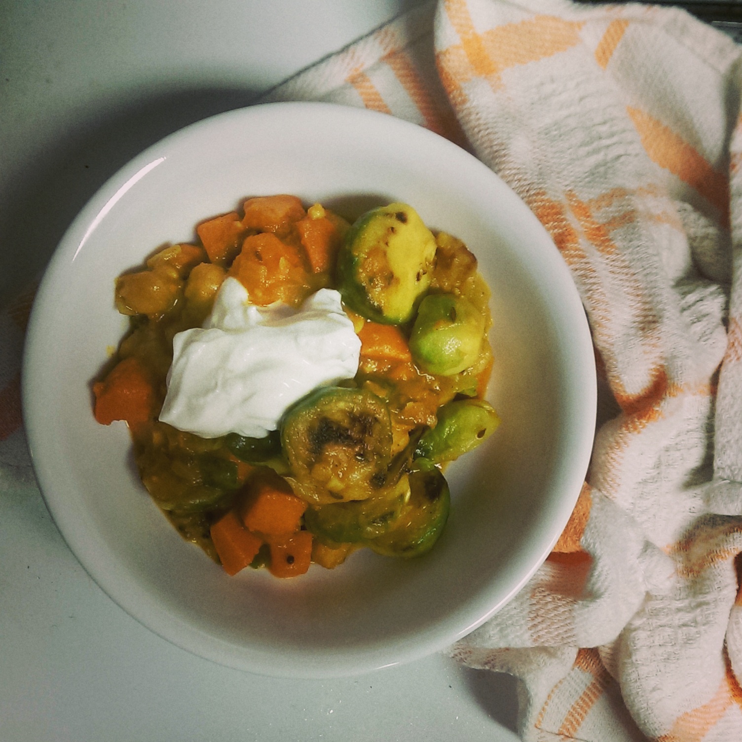 Curried Sweet Potatoes and Brussels Sprouts