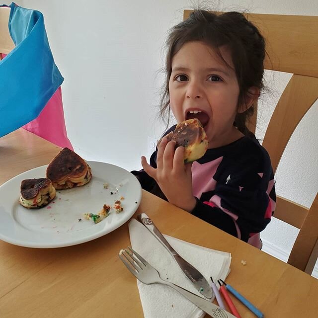 Happy third birthday to our ray of sunshine. You know it's a good birthday when you abandon the utensils. Here's to 3! #feeisthree #feemakesthree #fifi