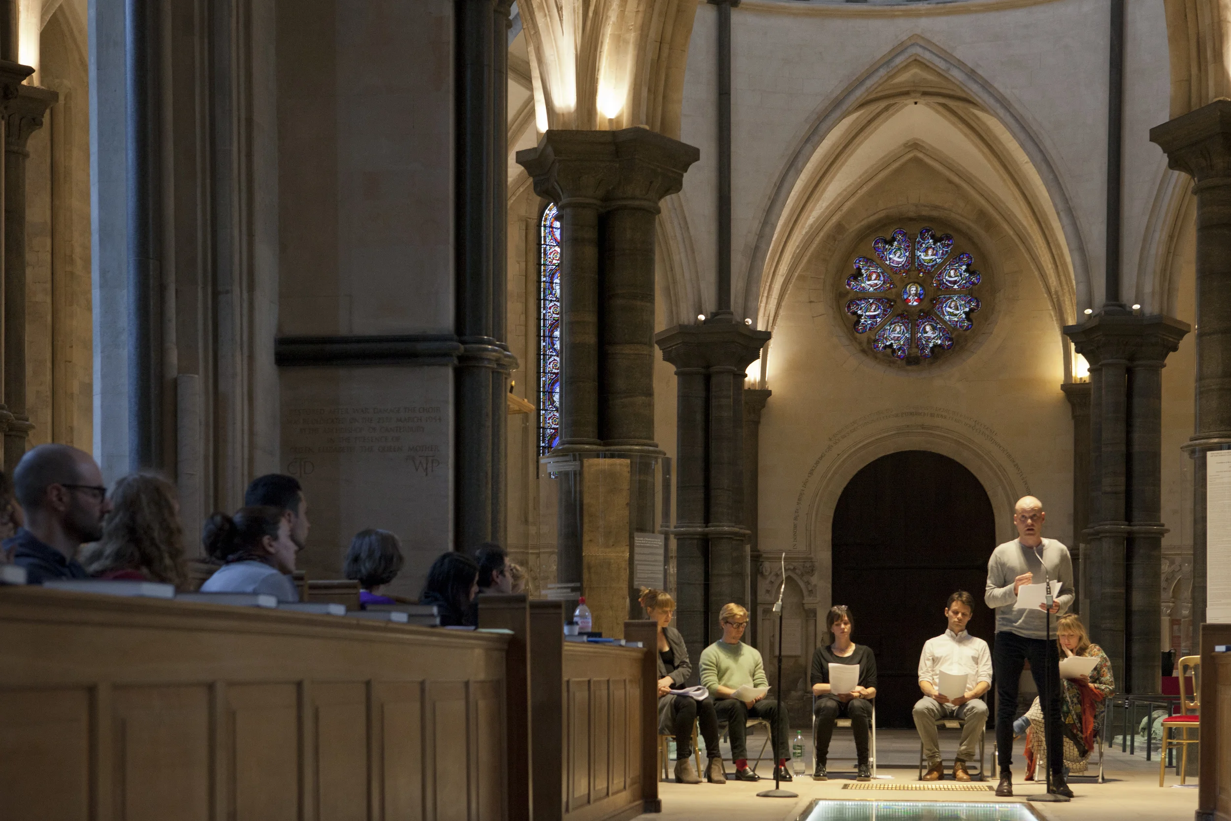 Actors performing The Syrian Monologues, directed by Susannah Tresilian, at Temple Church in London. June 2016.