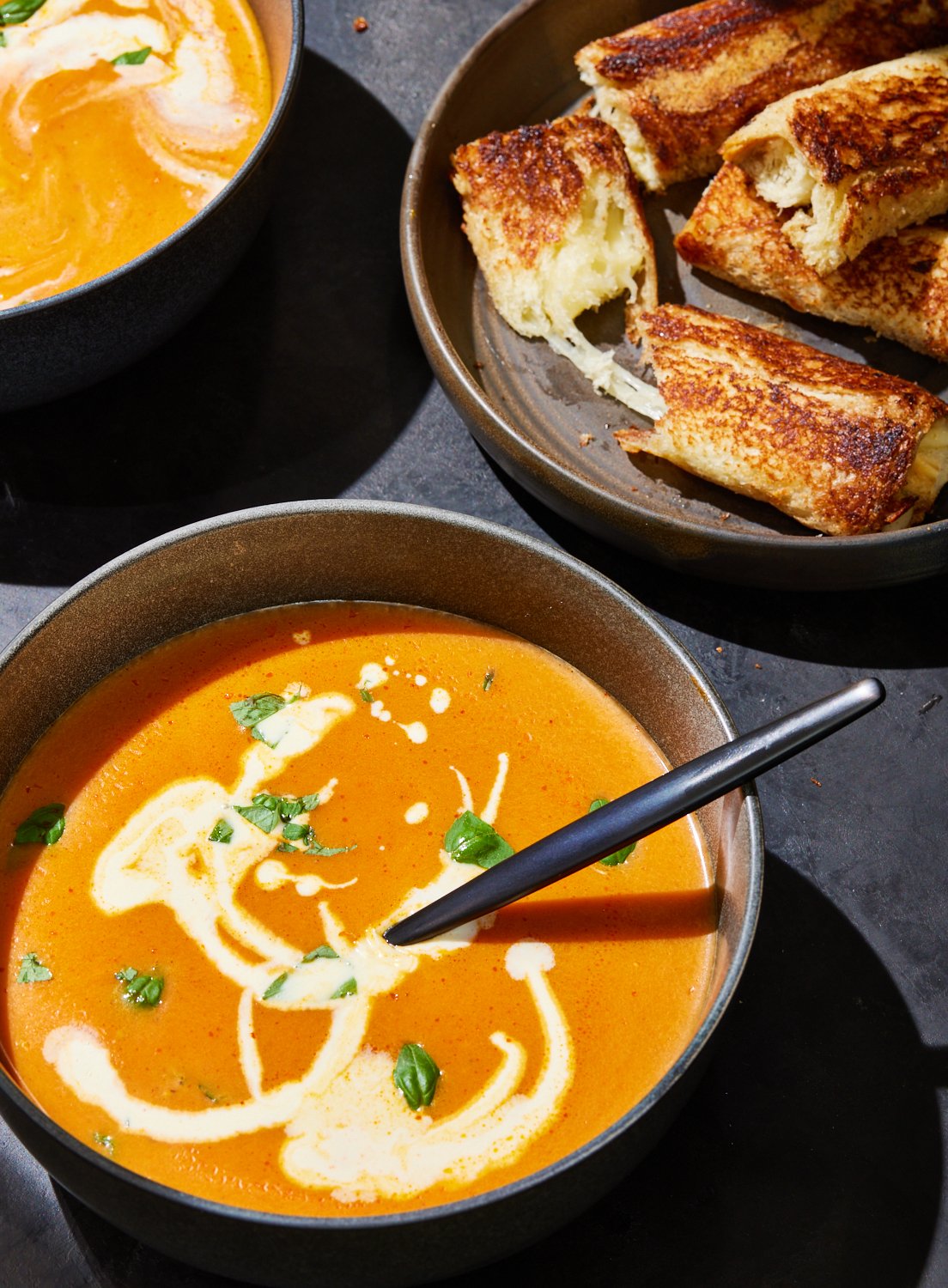 Pumpkin Tomato Soup with Grilled Swiss Cheese Sticks
