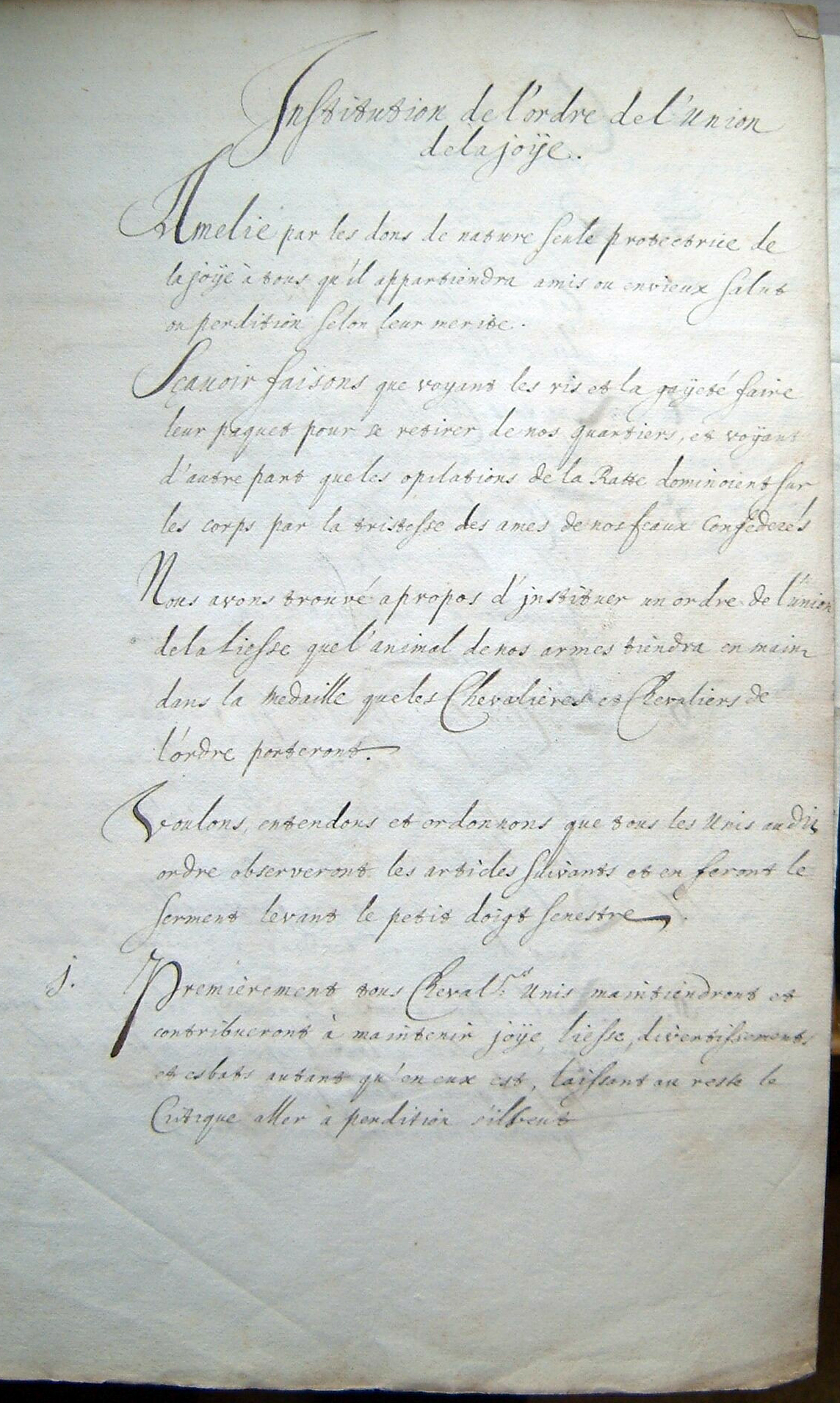 First page of the regulations of the Order of the Society of Joy, Archive Amalia van Solms, 14 AXIII, 21, Royal Archives, The Hague, The Netherlands