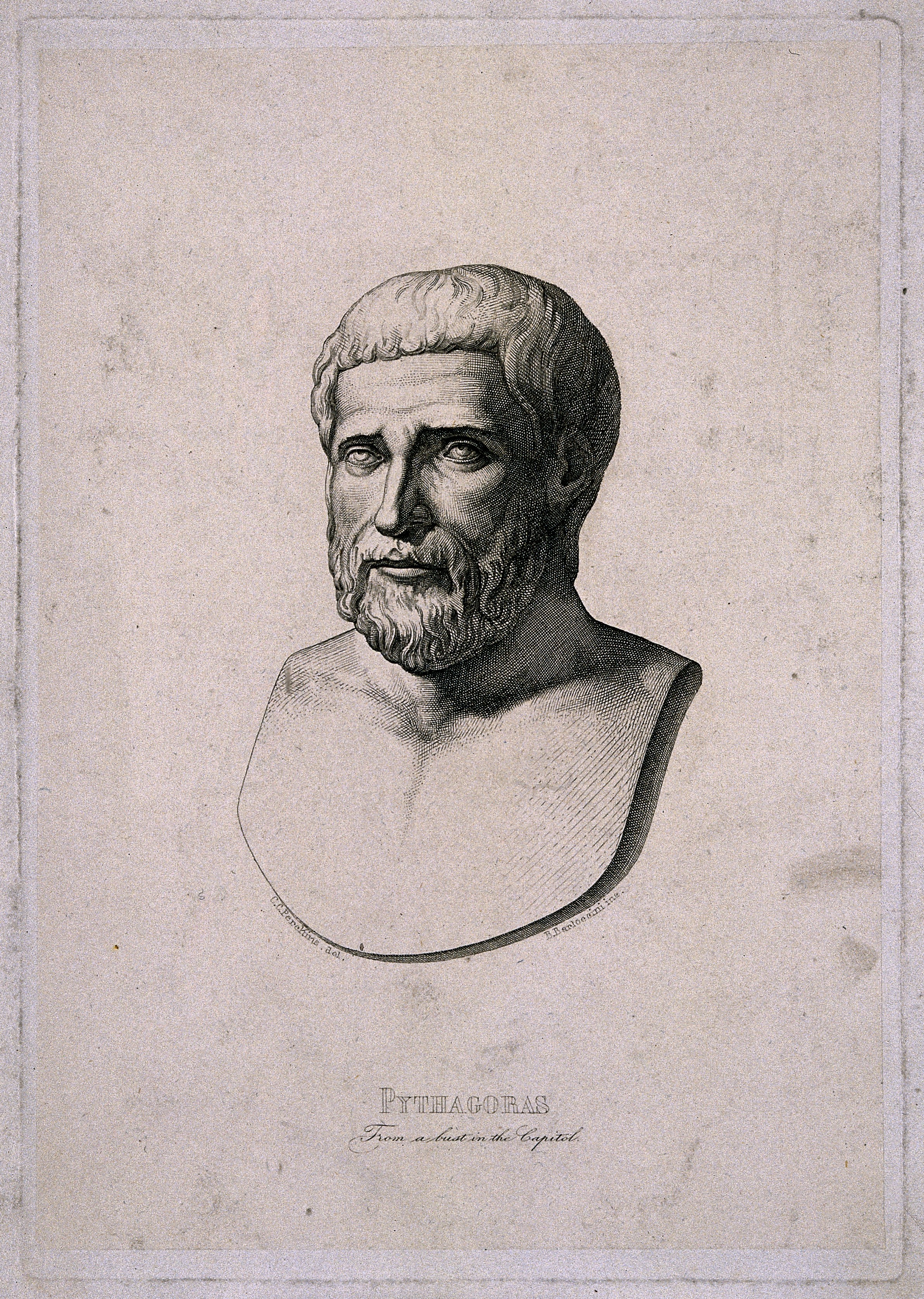 Pythagoras , line engraving by B. Barloccini after C.C. Perks, 1849