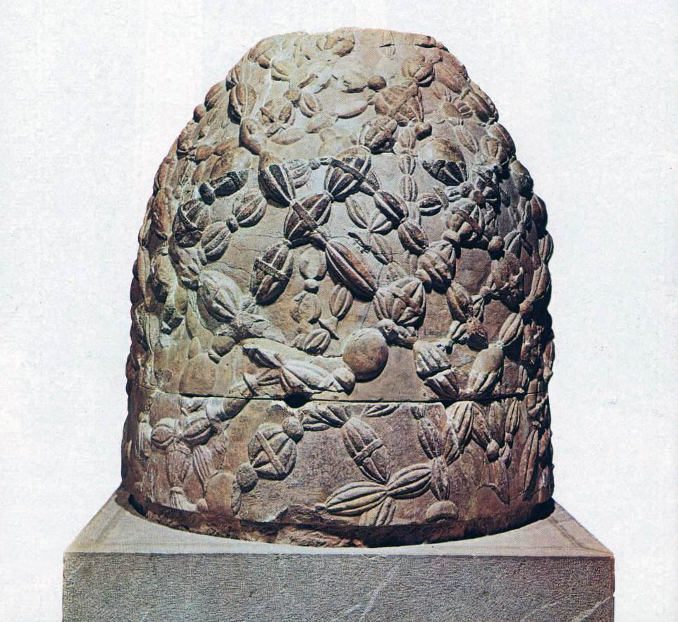 Omphalos (“the navel of the world”), the foundation stone at the Apollo temple in Delphi, Delphi Museum
