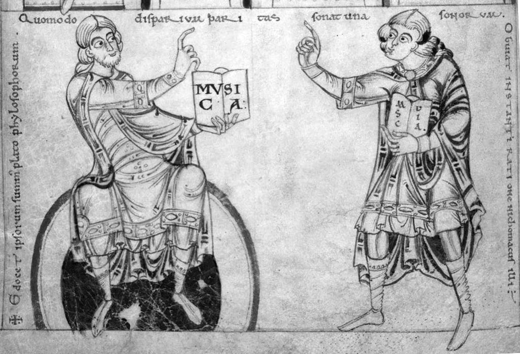 Nicomachus (right) and Plato in a 12th c. manuscript, Cambridge University Library. Plato revered Pythagoras as a great teacher, but, curiously, almost never mentioned his name in his works – perhaps because he owed him so much of his knowledge; he bought the book containing the compilation of Pythagoras’ wisdom from the Pythagorean Philolaus. His dialogue “Timaeus” is largely based on the Pythagorean doctrine, although understood in Plato’s own way.
