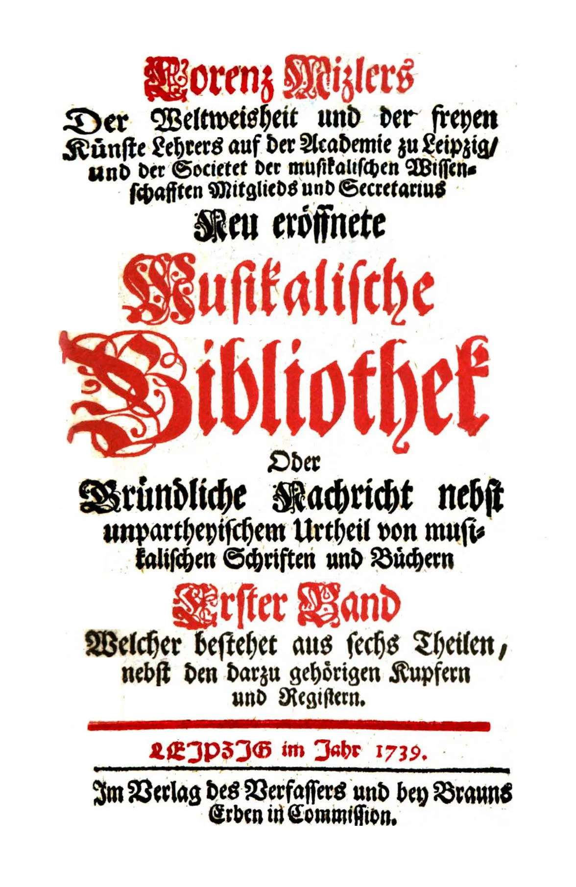 Title page of one of the issues of Mizler's Musikalische Bibliothek journal, Leipzig, 1739.