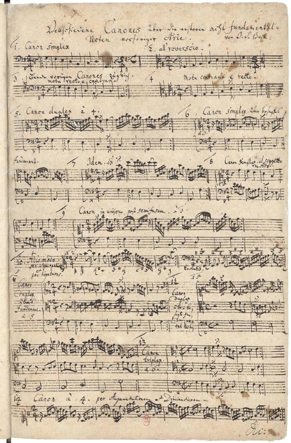 J.S. Bach, Verschiedene Canones über die ersten acht Fundamental-Noten vorheriger Arie (Various Canons on the First Eight Fundamental Notes of the First Aria), from the Goldberg Variations, BWV 1087, composed between 1741 and 1750, discovered in Bach’s own copy of the Variations in 1974. The score is stored at Bibliothèque Nationale de Paris.
