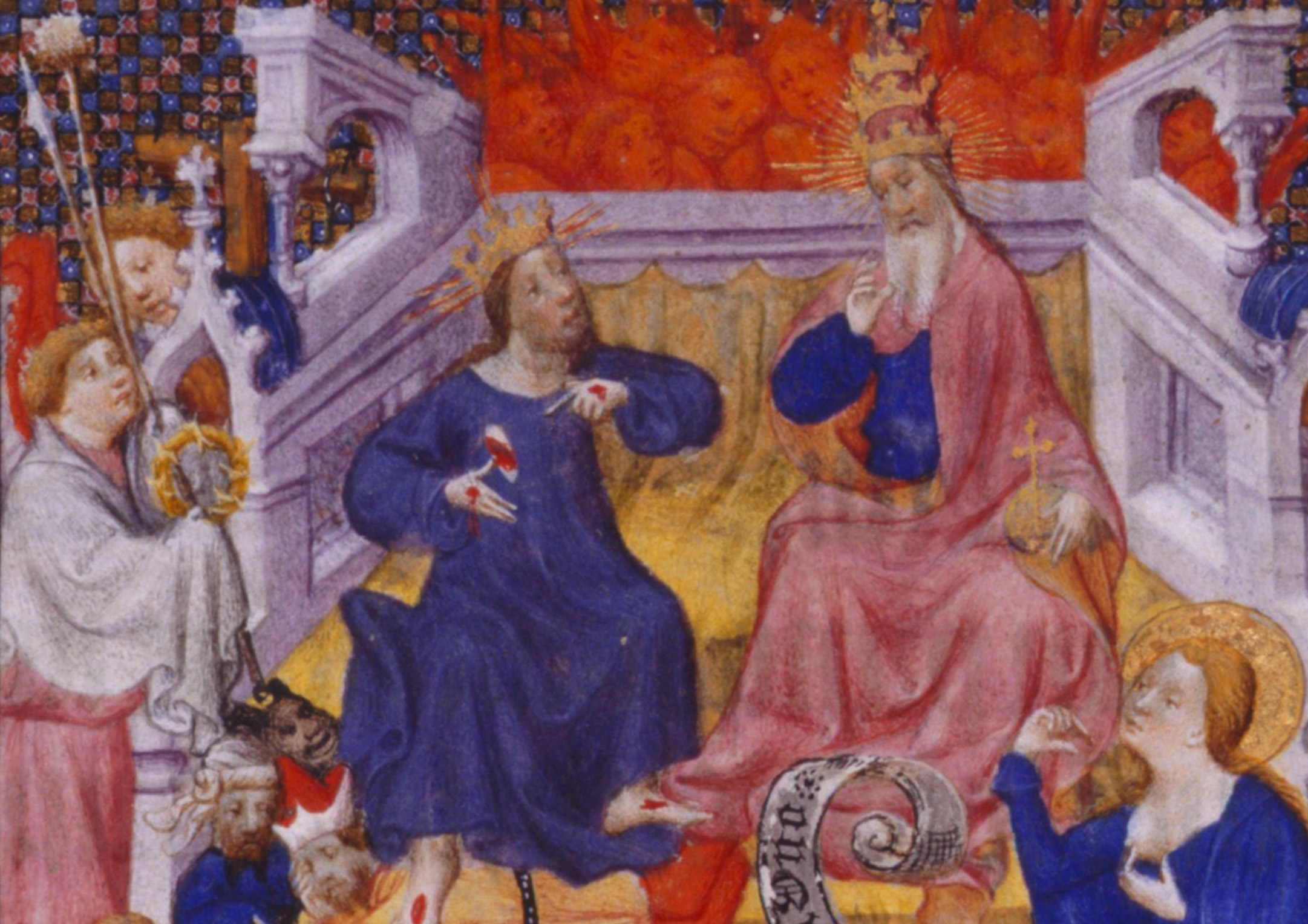 In the Cotton Domitian, Christ shows his wounds to Peter. The sacred relics are held by an attendant at left.