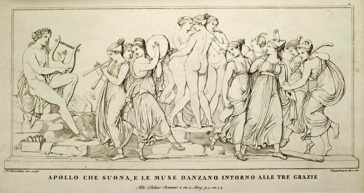 Apollo. The Graces and the Muses . Depiction of the bas-relief by Bertel Thorvaldsen, 1811, drawn and engraved by Riepenhausen and Ferdinand Mori, from an album published in Rome, 1811. Source: Heidelberg University Library
