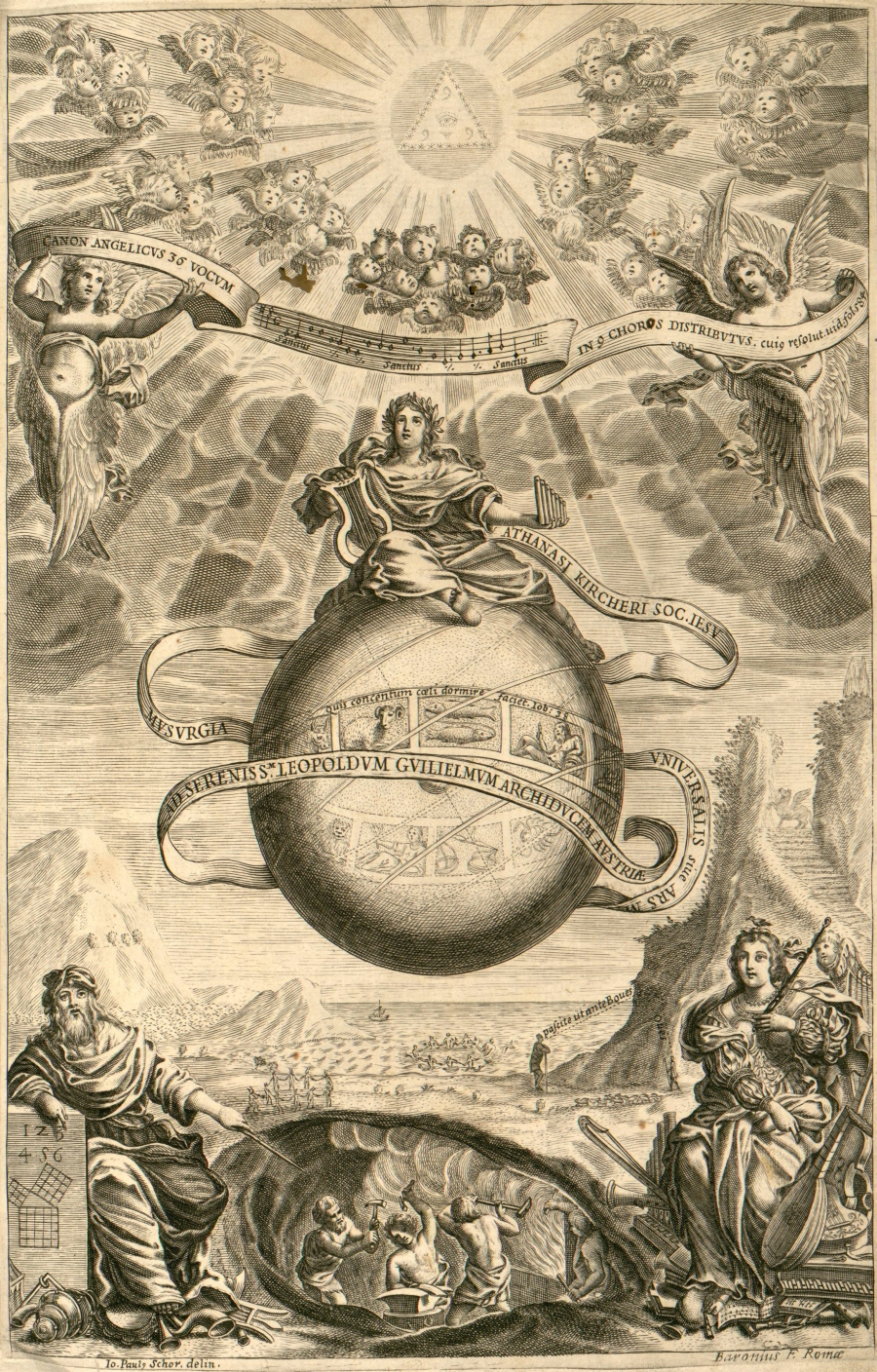 Frontispiece from Liber I of Athanasius Kircher’s Musurgia Universalis, 1650. Engraved by Baronius of Rome after a drawing by John Paul Schor. See also the frontispiece of his Arithmologia (1665) on numerical mysteries.