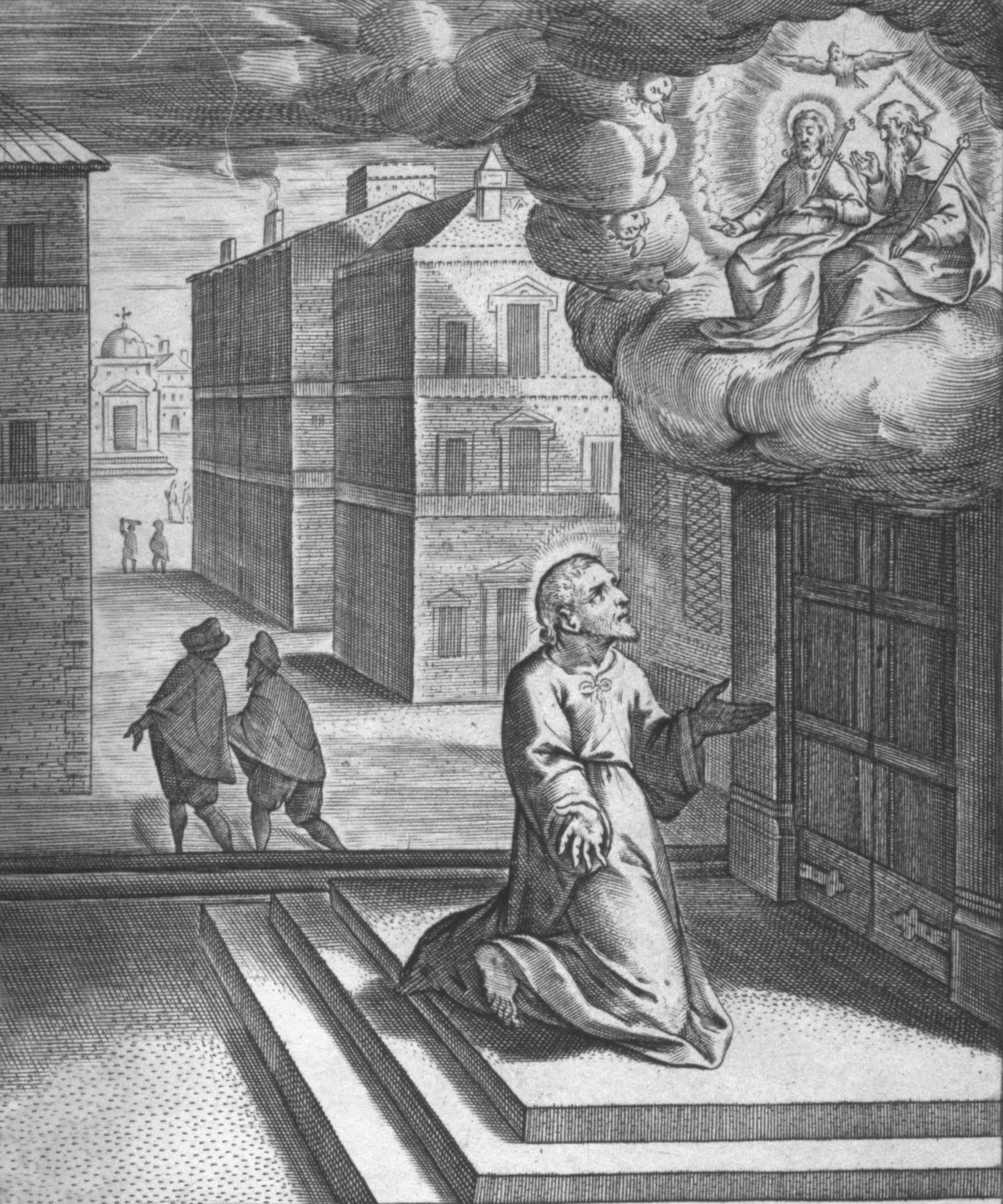 Peter Paul Rubens, Ignatius has a vision of the Trinity while praying at the Dominican church in Manresa, plate 16 from the pictorial biography of the saint, The Life of St. Ignatius of Loyola, published in 1609, the year of his beatification. Source: www.jesuitinstitute.org 