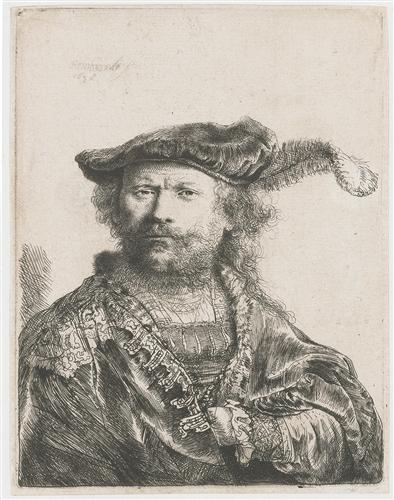 Rembrandt, Self-Portrait in Velvet Cap with Plume, etching, 1638, Metropolitan Museum of Art, New York