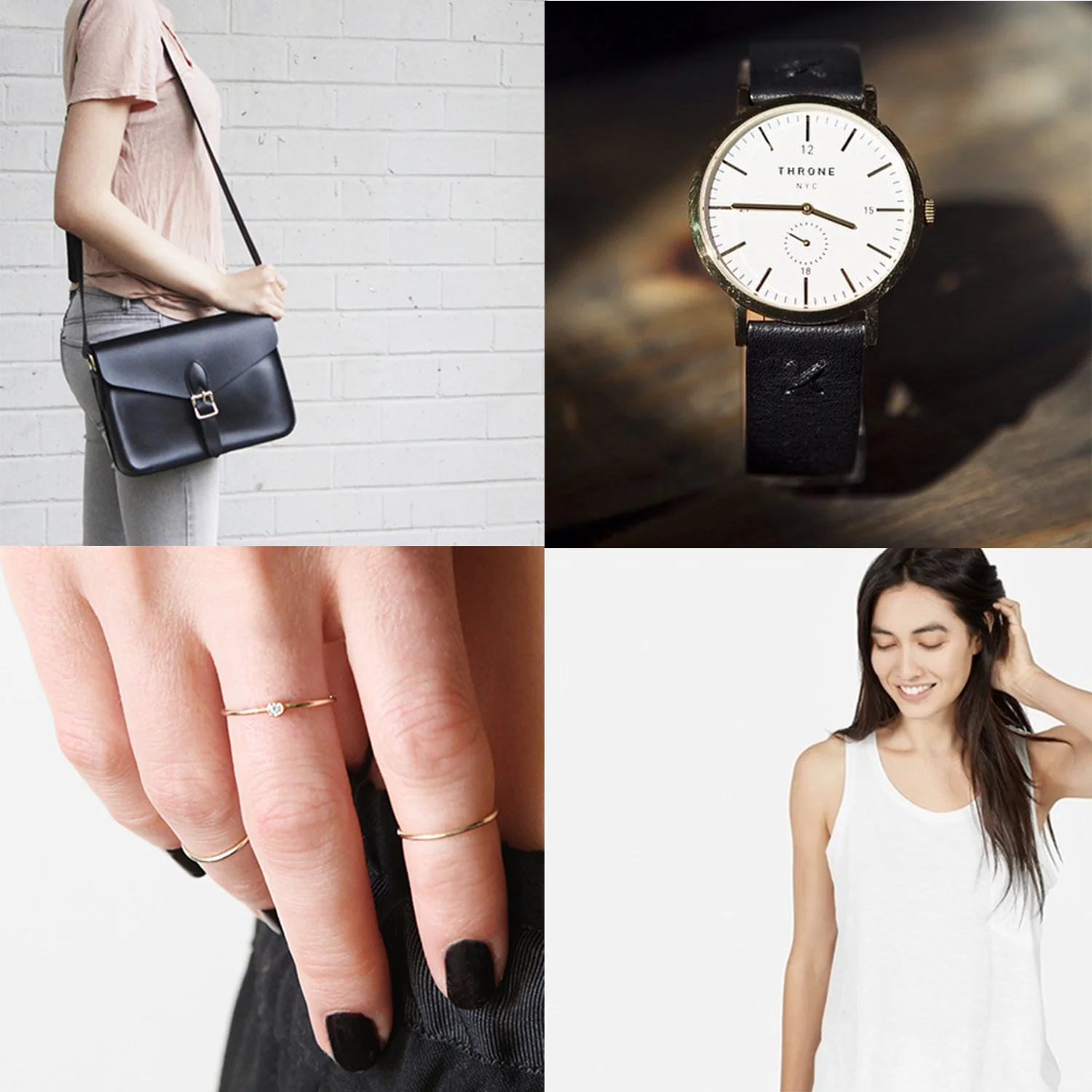 Top Row: left: Angela Roi, Right: Throne Watches. Bottom Row: left: Vrai & Oro, Right: Everlane