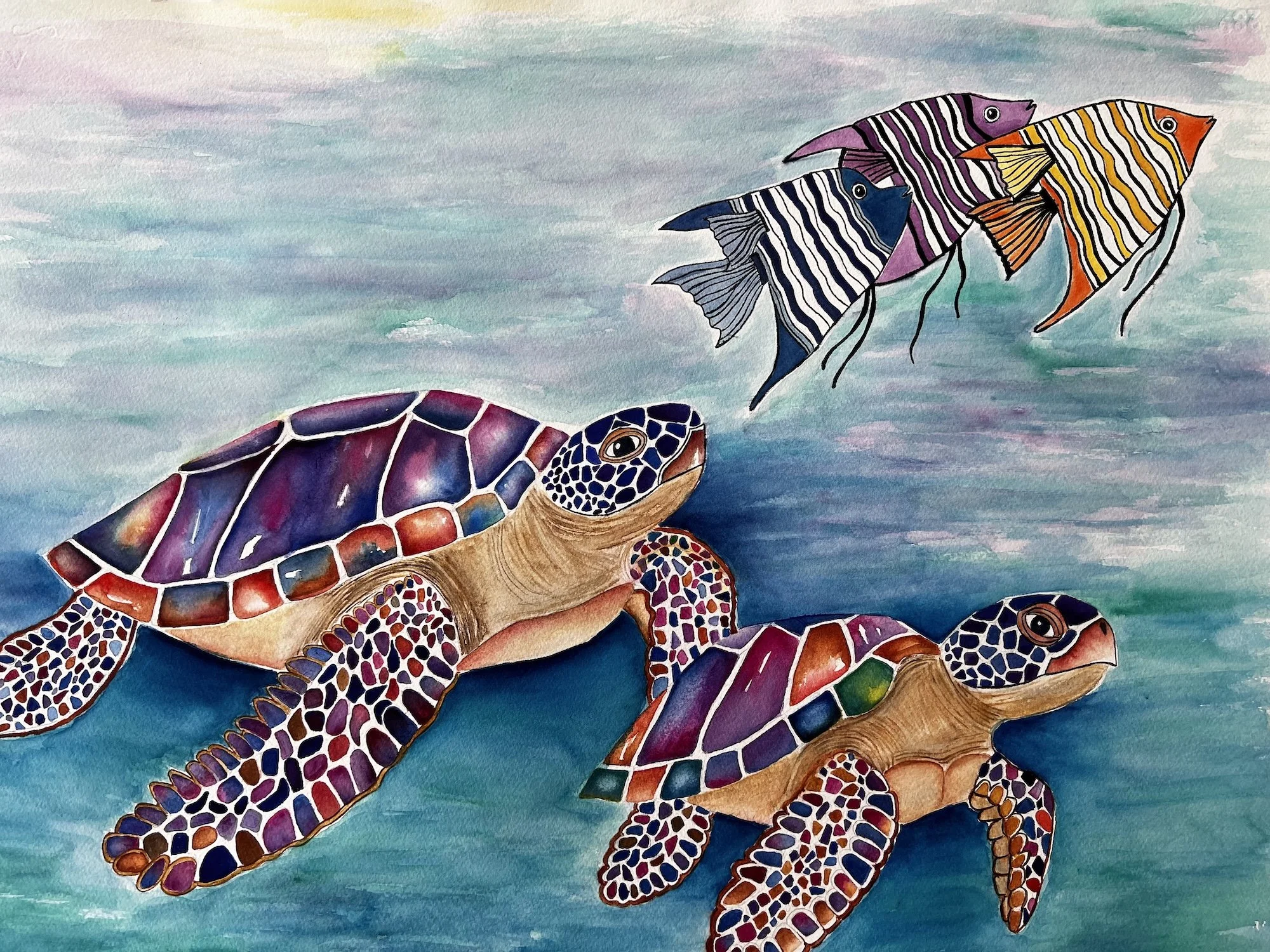Jennifer Aki, Ocean Jewels (turtles) 22x30