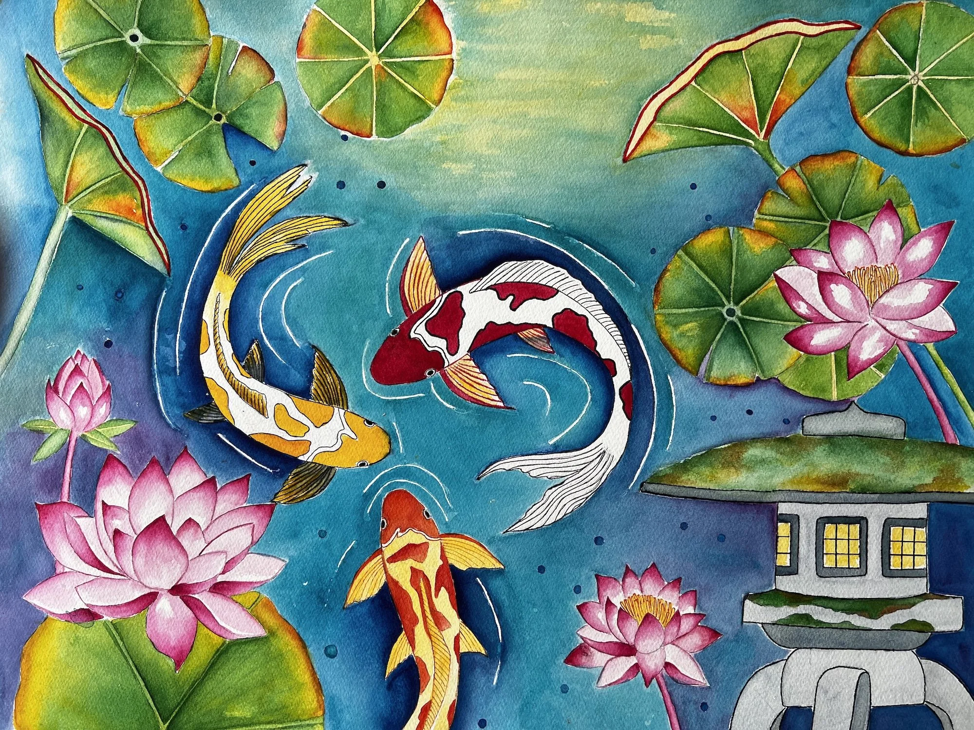 Jennifer Aki, Meeting in the Middle (koi pond) 20x24