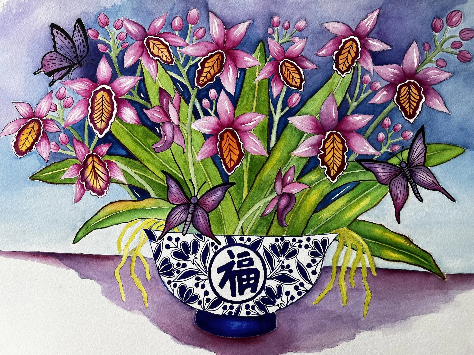 Jennifer Aki, Orchids and Butterflies 20x24