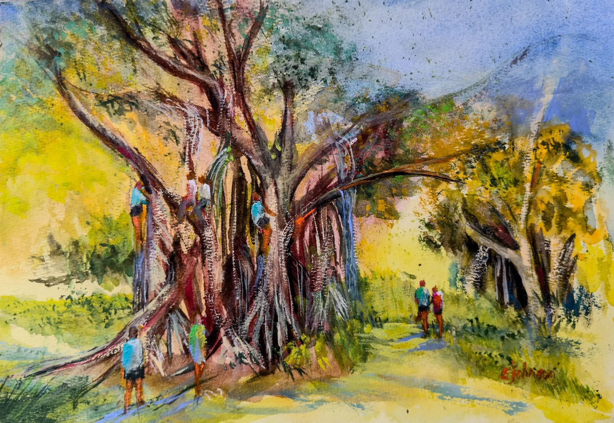 Evelyn Johnson, Tree Huggers 10x14.5, Watercolor, Gouache