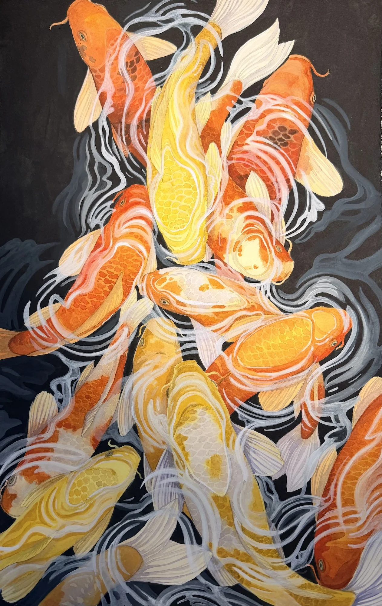 Leslie Baptista, Swimming Flames, 22.5x15, Watercolor, Gouache