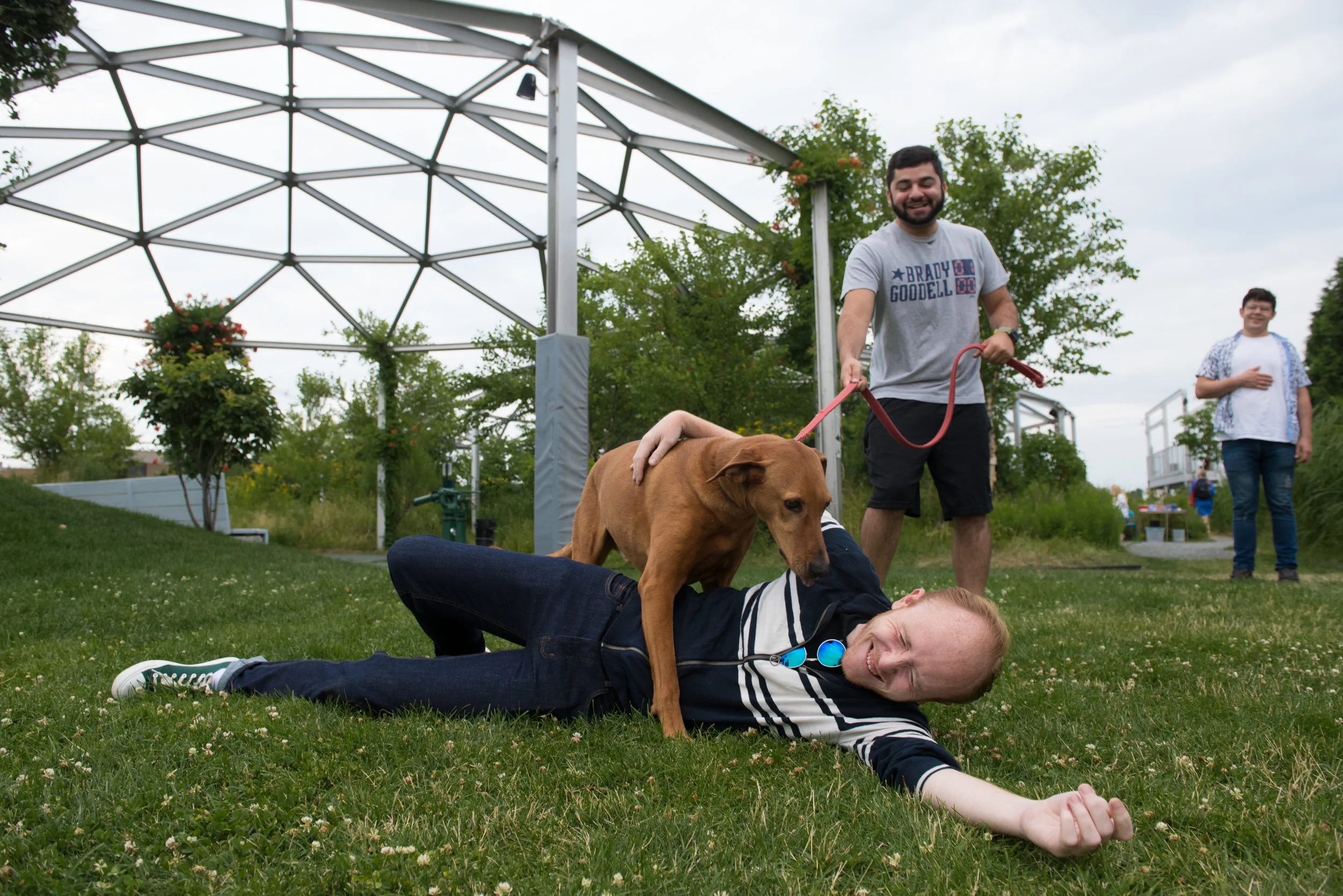 The Apollinaire Theatre Company takes advantage of the unique industrial features of Port Park. Here star Brooks Reeves goes through a practice run with Charlie, the performing dog for the evening.