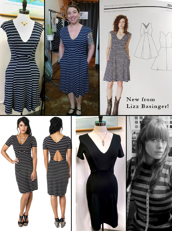 Top: Striped Double V Dress with swinging A-line skirt and pockets because you know we love the. $159 Bottom: Bent Dart Date Dress in blackest black with a sexy cutout. $149