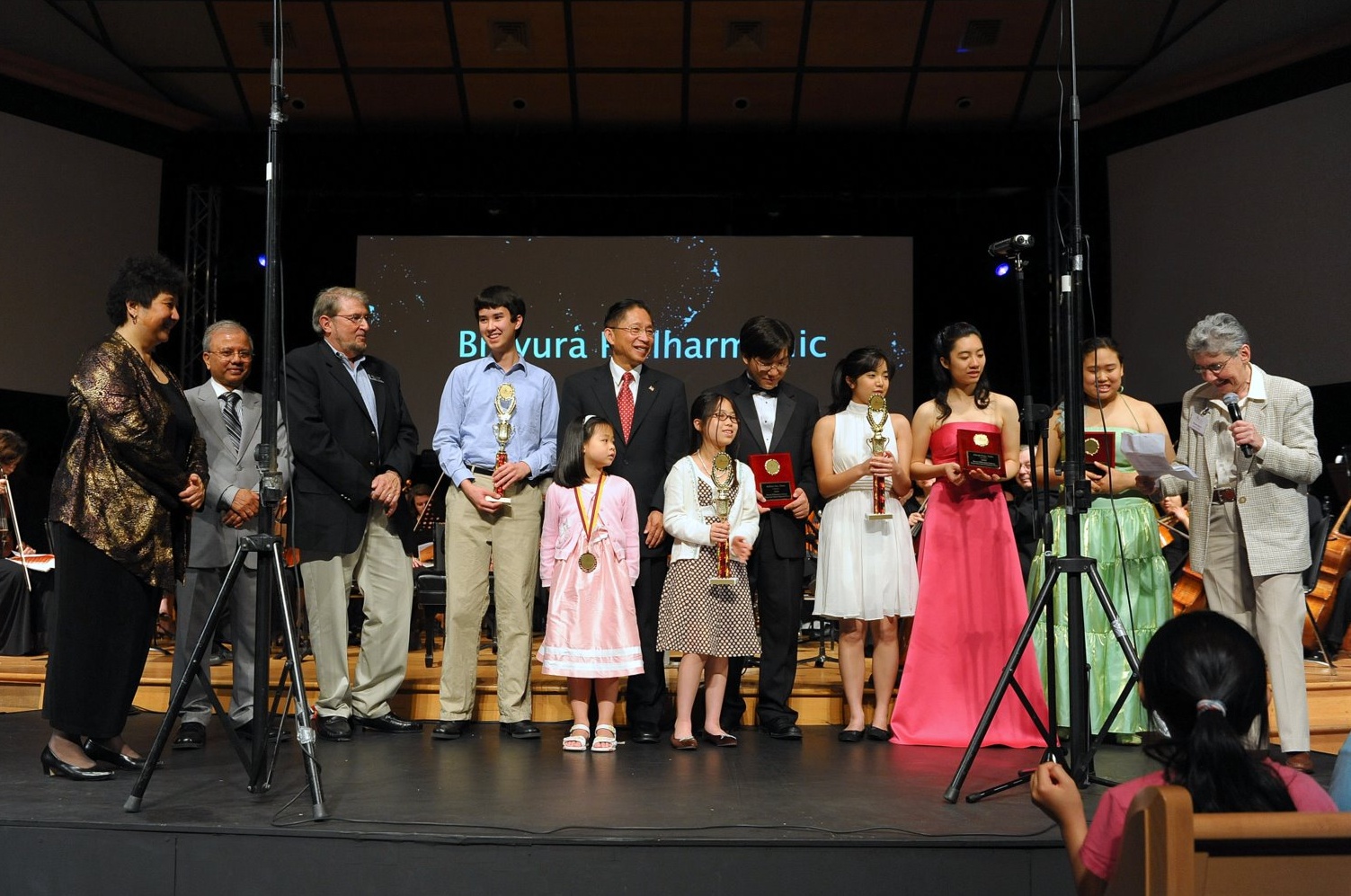 Award Presentation of Winners Back Row - Maestra Lin, Plainsboro Councilman Nabi, Plainsboro Deputy Mayor Lewis, Paul von Autenried, West Windsor Mayor Hsueh, Andrew Sun, Christine Shieh, Cheryl Peng, Sunny Chang and Myrna Reiter Front Row - Crystal Chiu and Gabrielle Hsu