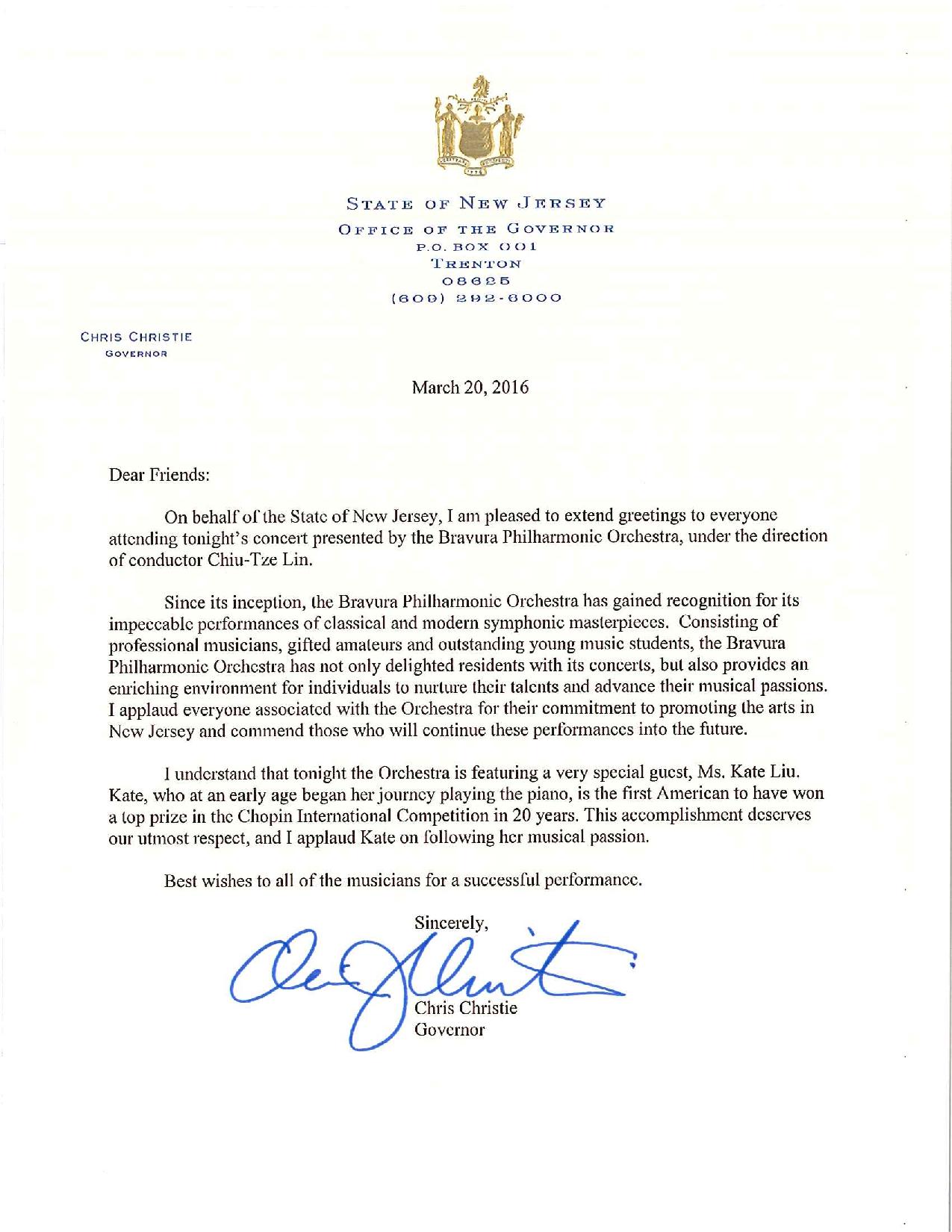 Letter from New Jersey governor Chris Christie