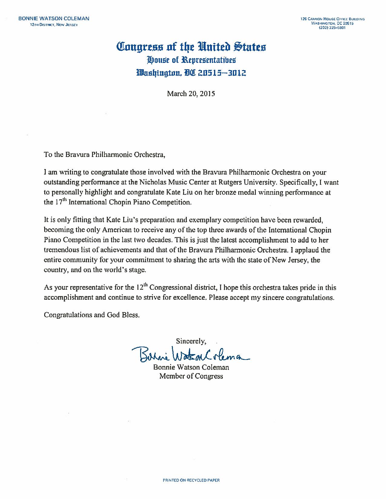 Letter from Congressman Bonnie Watson Coleman