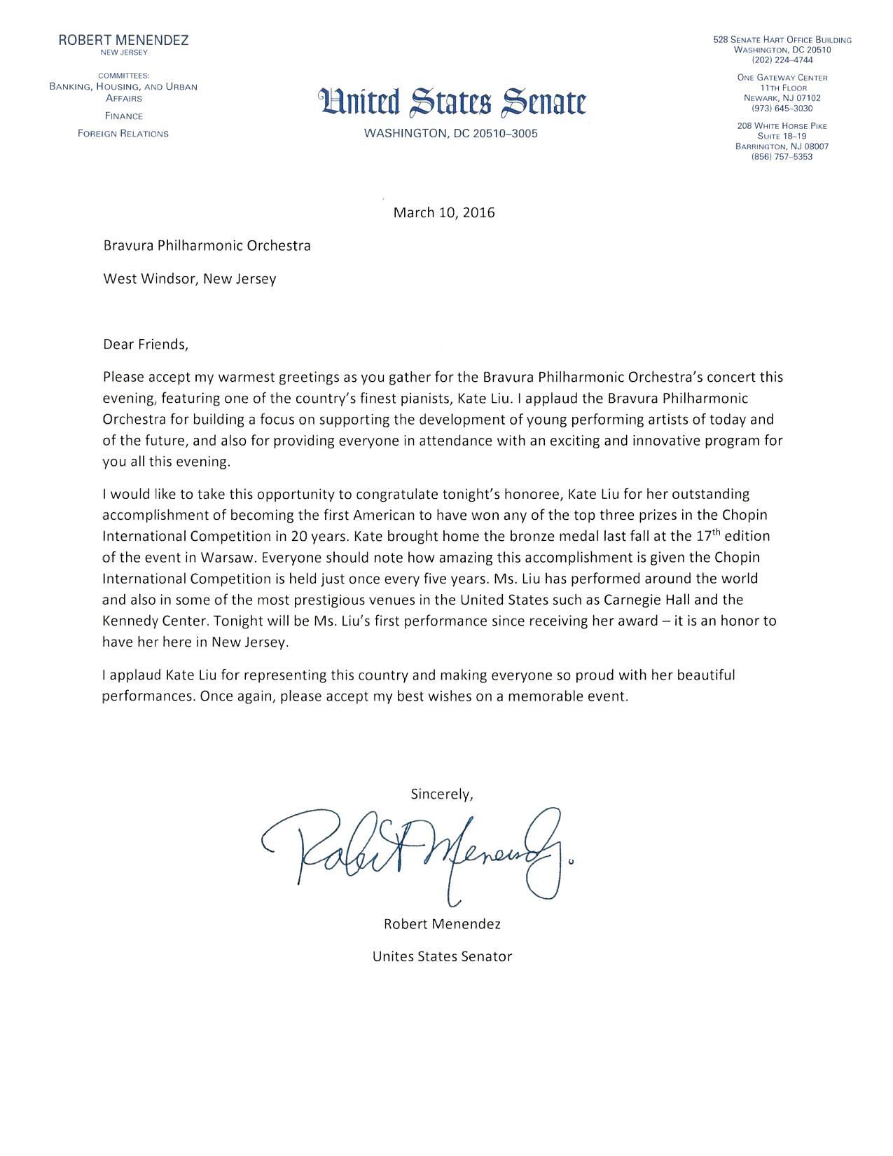 Letter from Senator Robert Menendez