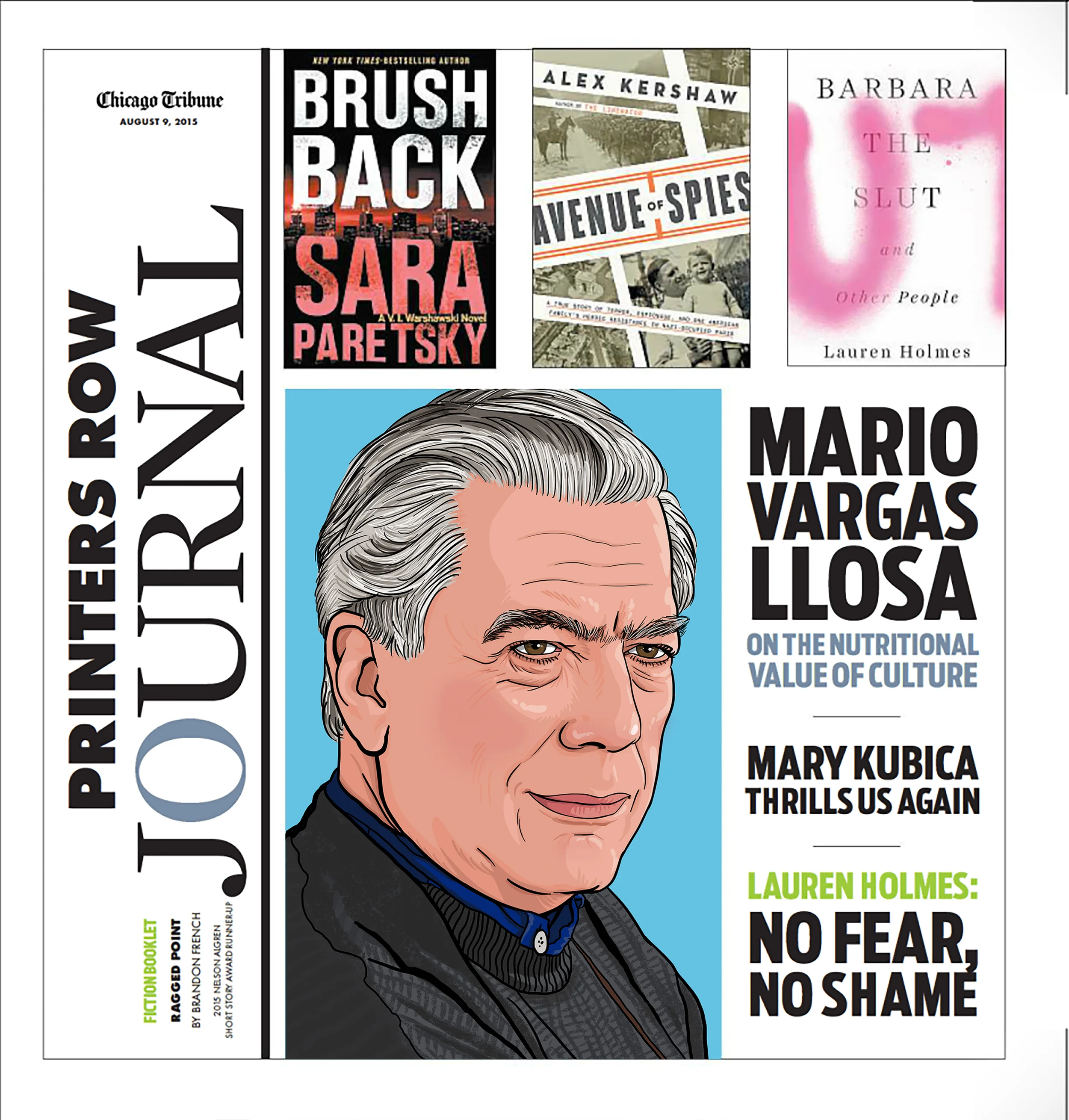 Cover illustration of author, Mario Vargas for Printers Row Journal.