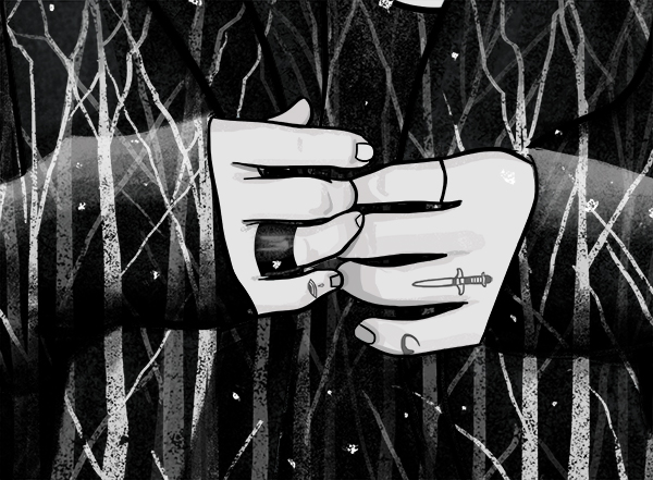 Close up detail of hands and trees.