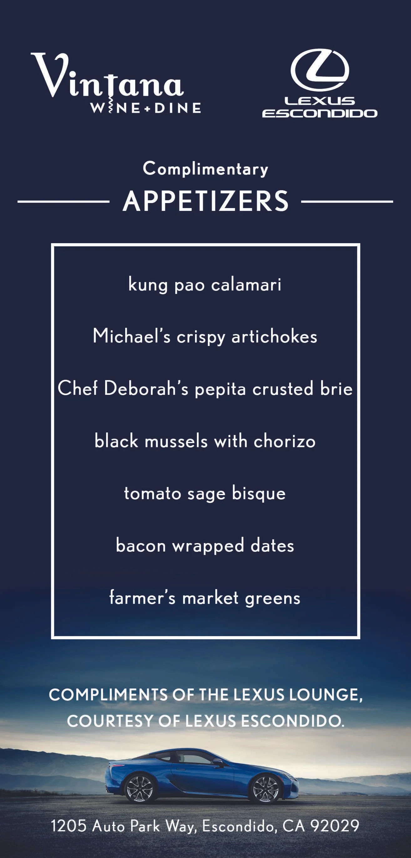 Lexus Escondido Lounge Menu