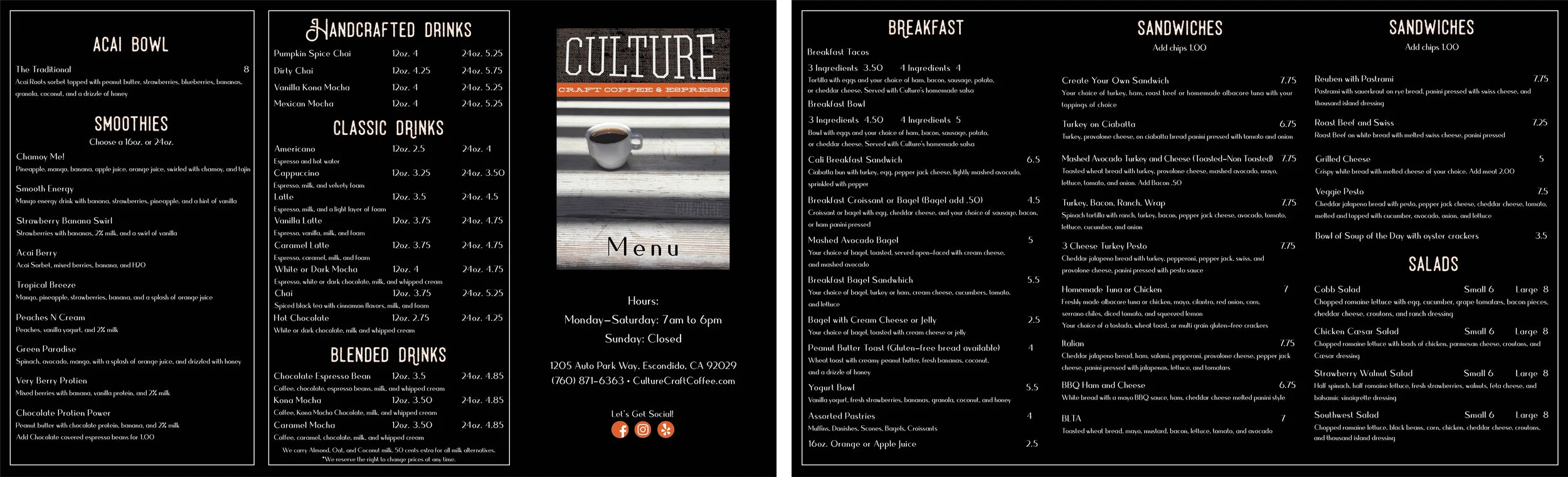 Culture Craft Coffee Menu 2019 Front and Back