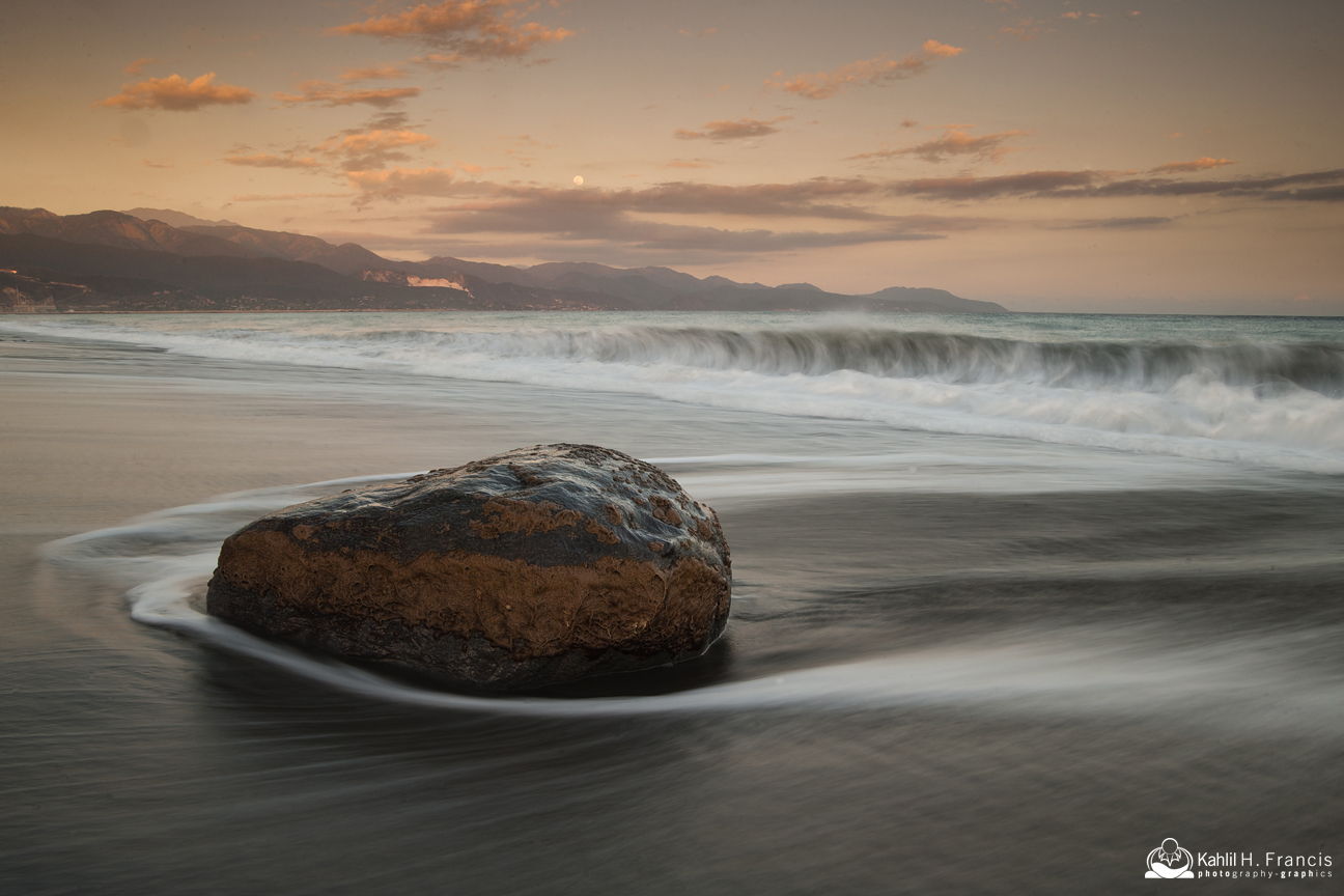 Boulder... Waves... Sand and Moon