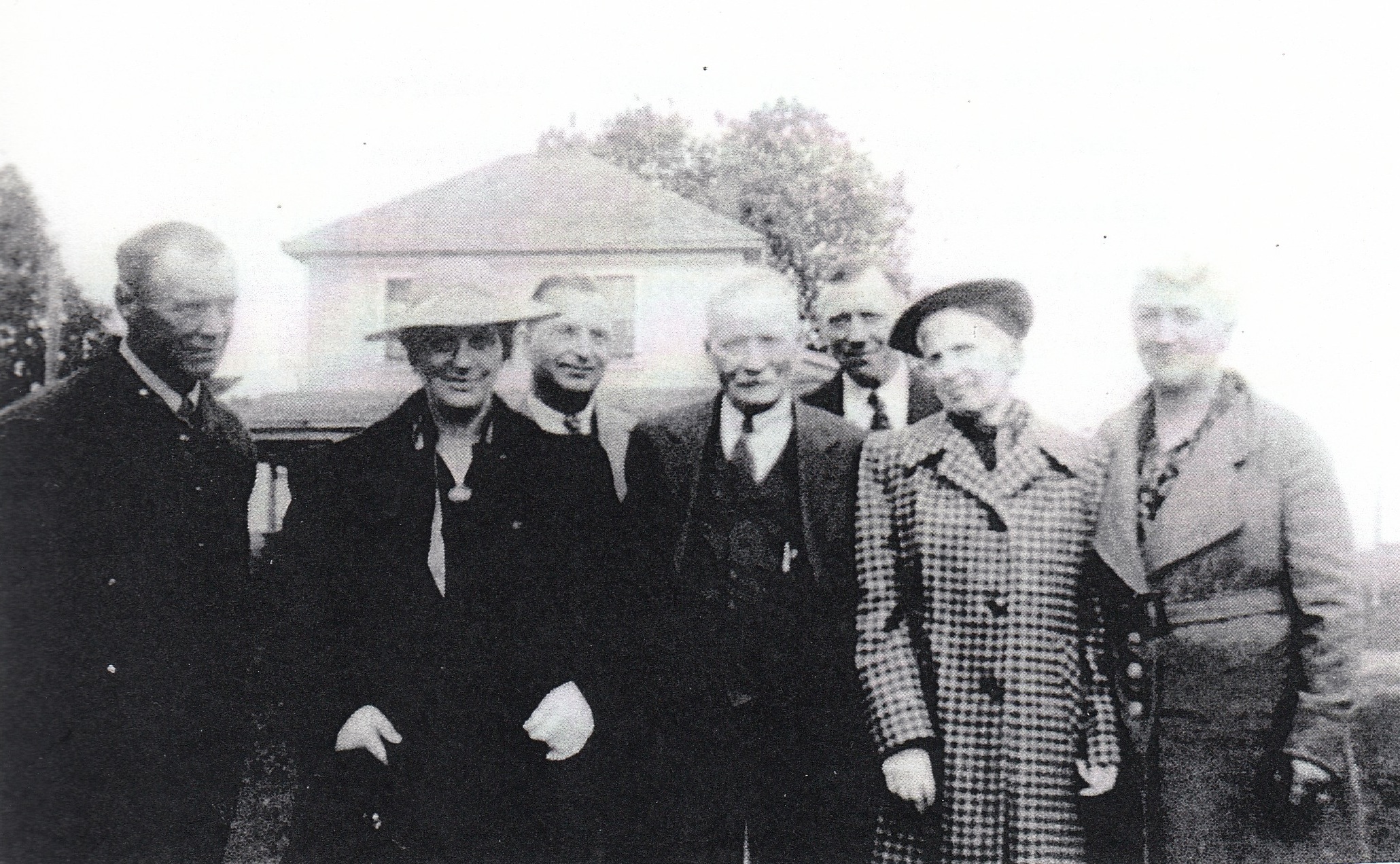 HERE'S JOHNNY... The only known photographs of Jonny McPhaden were taken on a day in the 1940s when he and his wife were visiting the farm of John Walter’s sons William and Stanley at Sandy Lake, southeast of the city. Johnny was then in his eighties, still vigorous and running his own farm near Millet. Here he is front-and-centre, showing the amused expression of the ferryman who always came to the aid of a party. From the left are Stanley Walter, Mrs. William Walter, Professor O.J. Walker (not Walter) whose wife Ella Mae Walker is snapping the picture. Johnny, then William Walter, Mrs. Stanley Walter and Mrs. McPhaden.