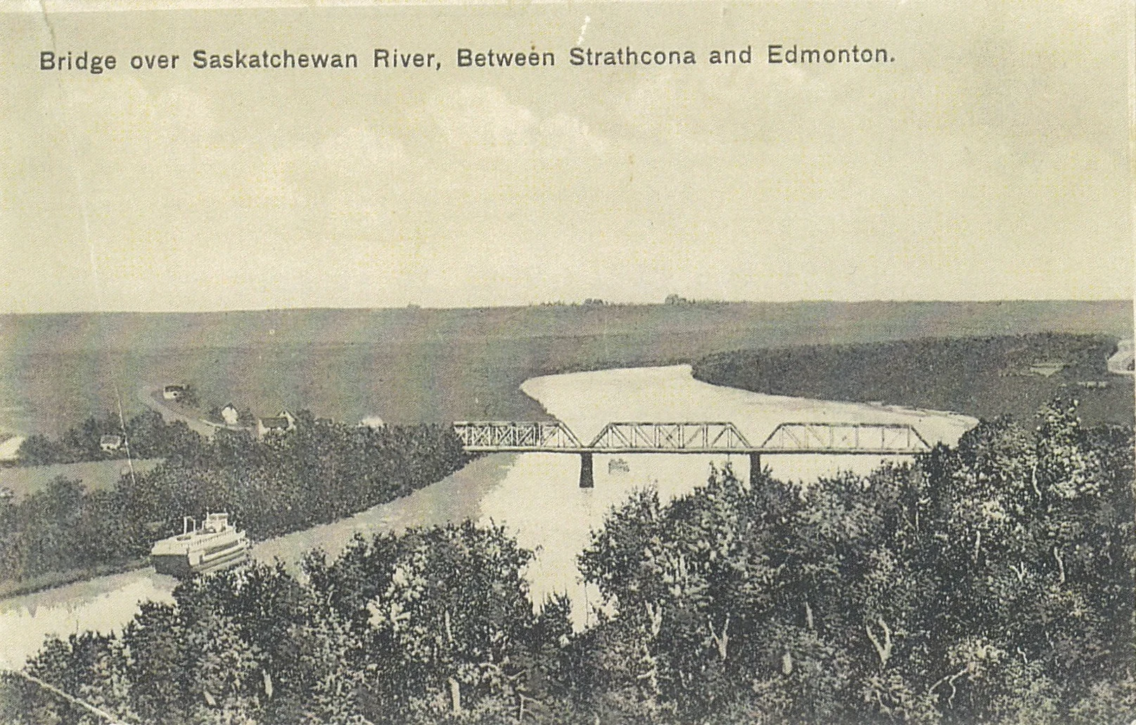 From the site of the Shaw Conference Centre... Circa 1912... A postcard shows the Low Level Bridge with John Walter’s steamboat EDMONTON passing the present landing of the EDMONTON QUEEN.