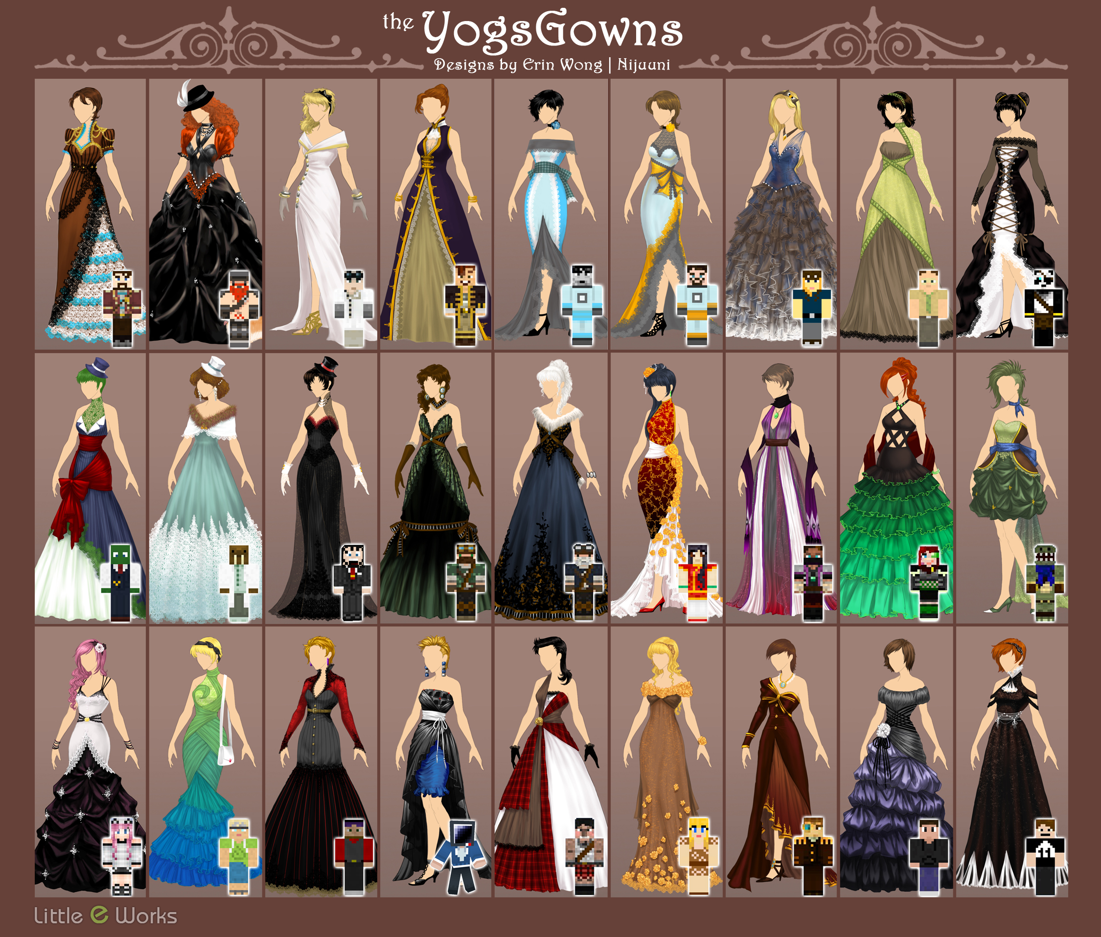Gowns/dresses inspired by Minecraft avatar skins of UK Gaming channel, the Yogscast.