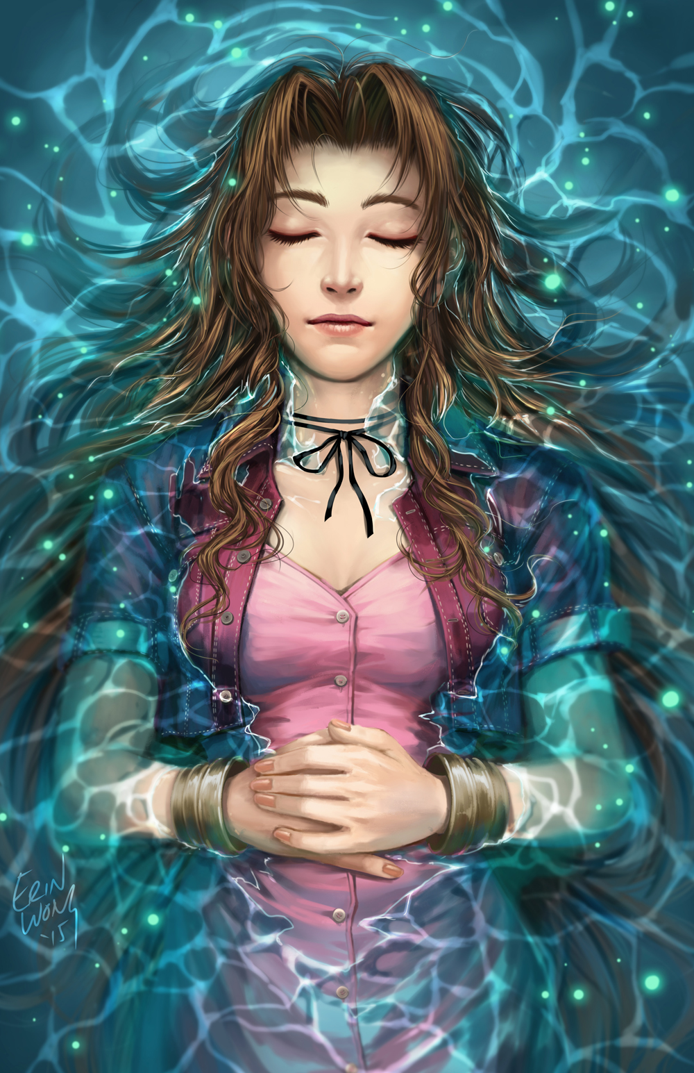 Digital painting of Aerith Gainsborough from Square Enix's "Final Fantasy VII" game.