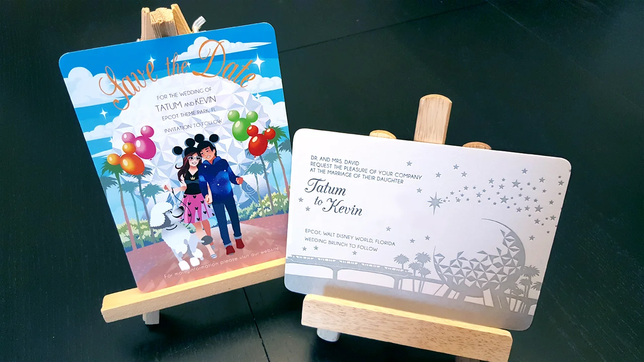 Disney themed wedding invitation and Save-the-Date cards designed for client. Photo edited for privacy.