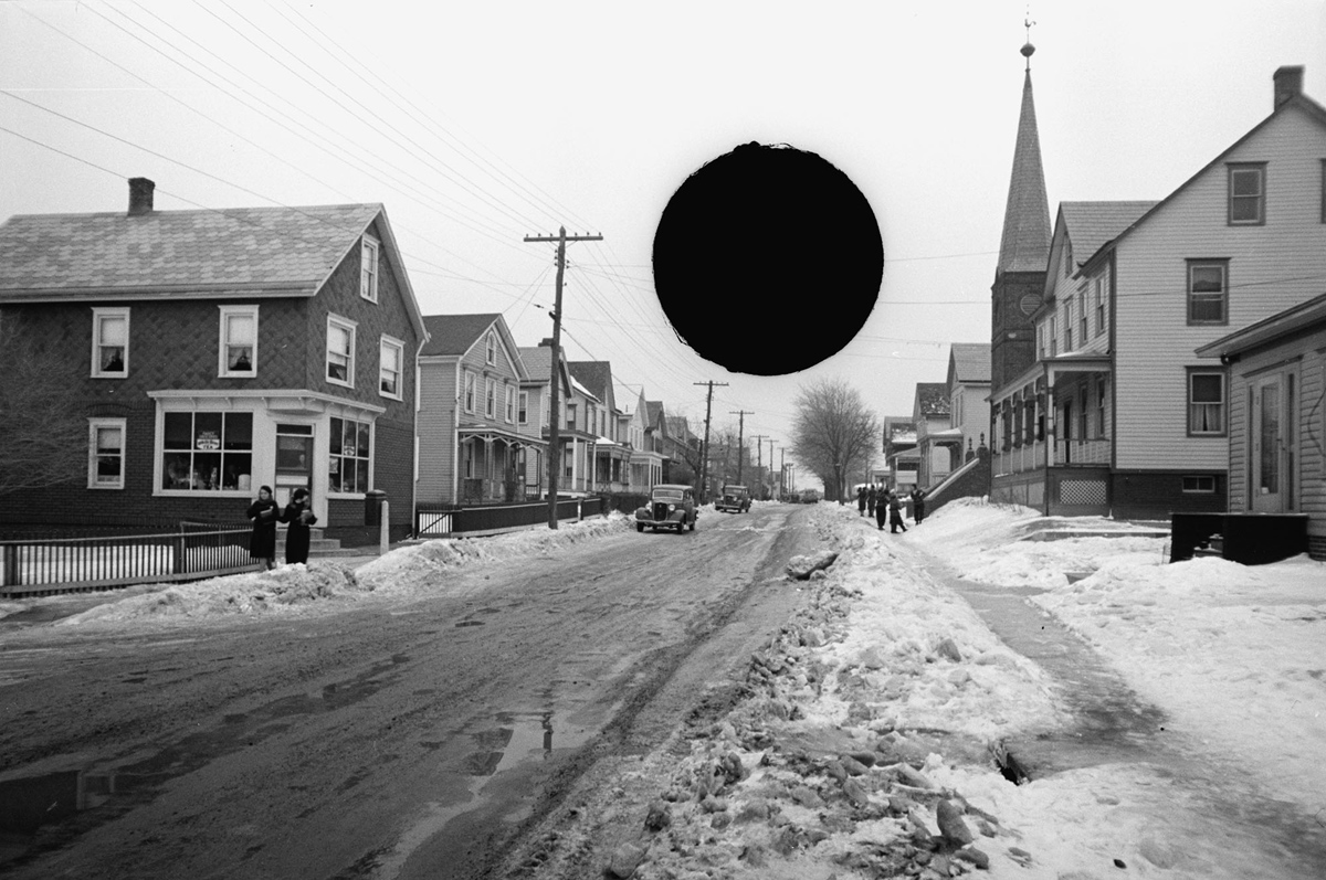 Untitled photo, possibly related to nearby photo captioned: South River, old high school at traffic junction, New Jersey. February, 1936.