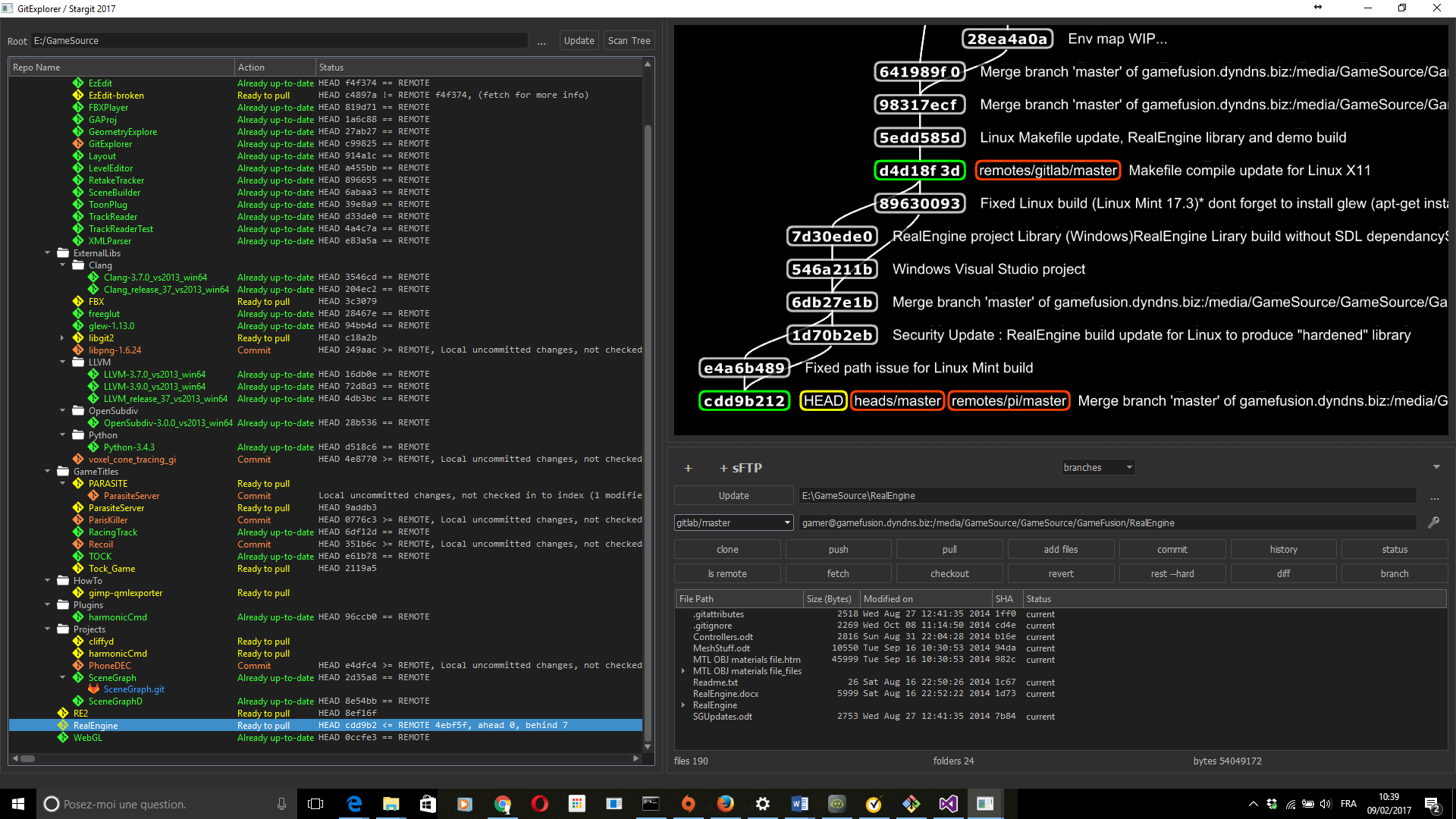 Multi repository source code project navigation with status overview and version control. To the left we visualize a dash board of repositories and sub-repositories, as seen stored locally on disk. To the right we can focus on a particular repository which offers a 3D visualisation of the commit history and standard git functionality.