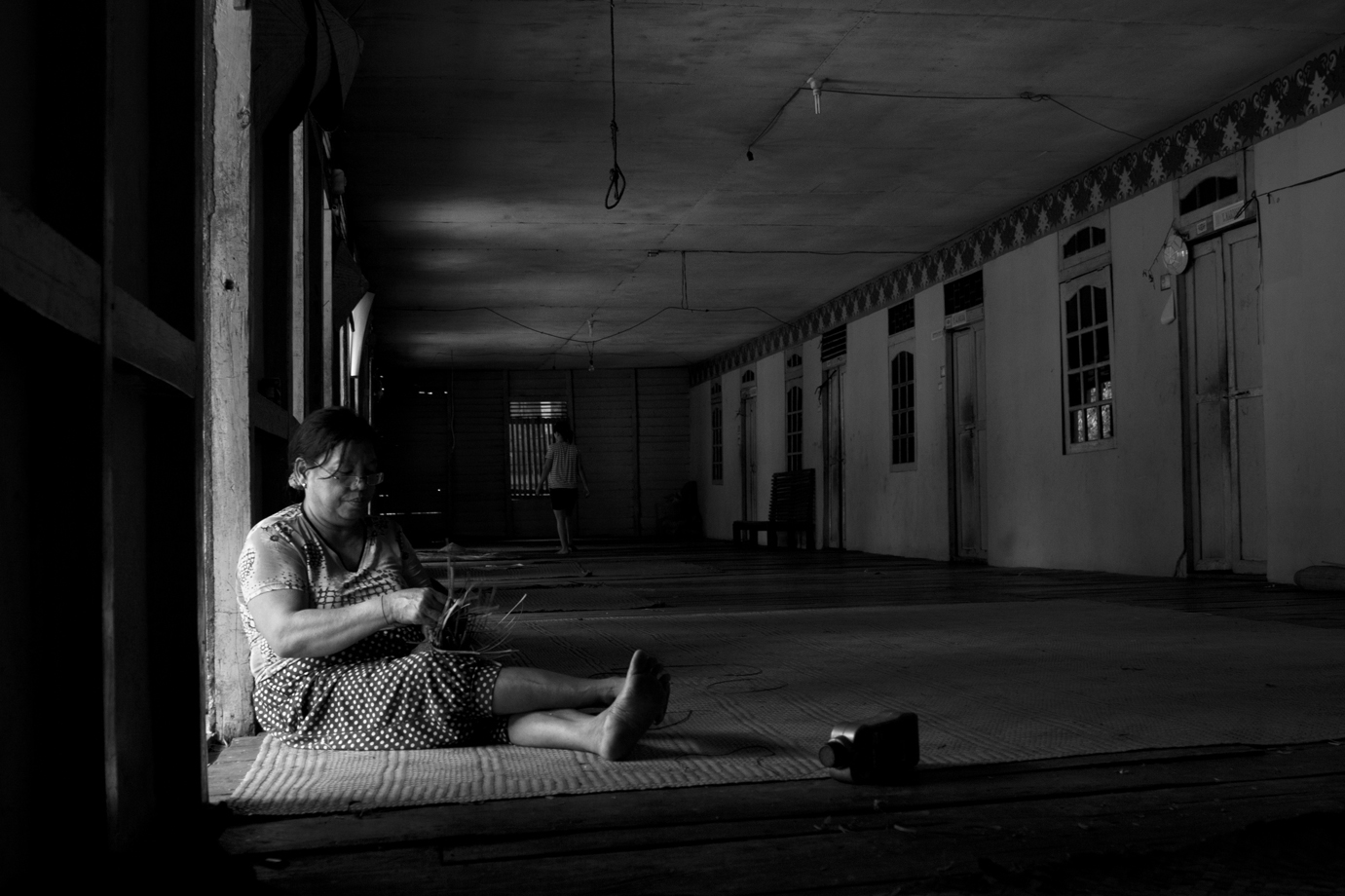  Borneo, Indonesia, Dayak tribe in long house. 
