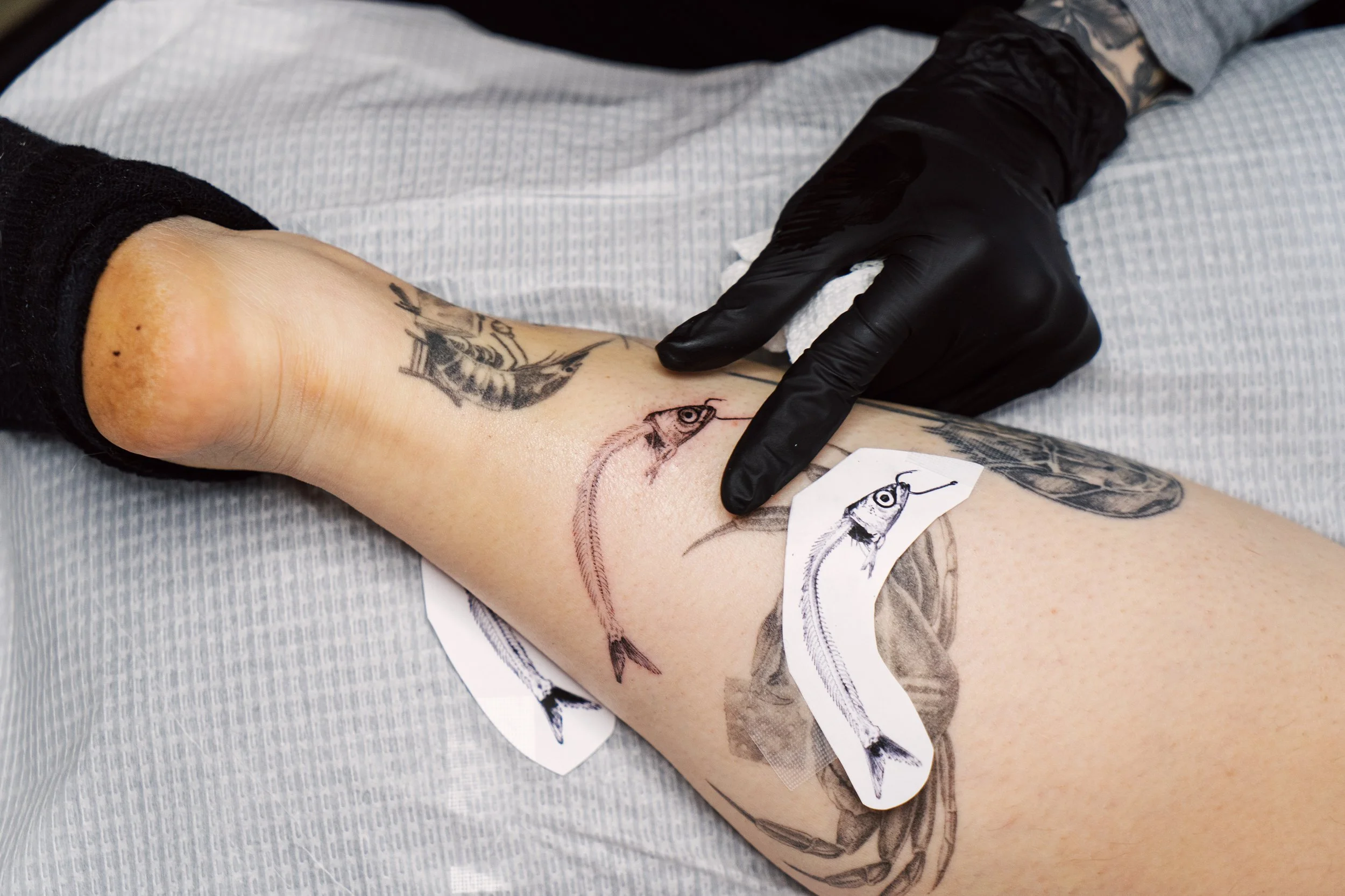 A close-up of a tattoo artist's gloved hand smoothing a paper custom stencil onto a client's arm alongside existing tattoos.