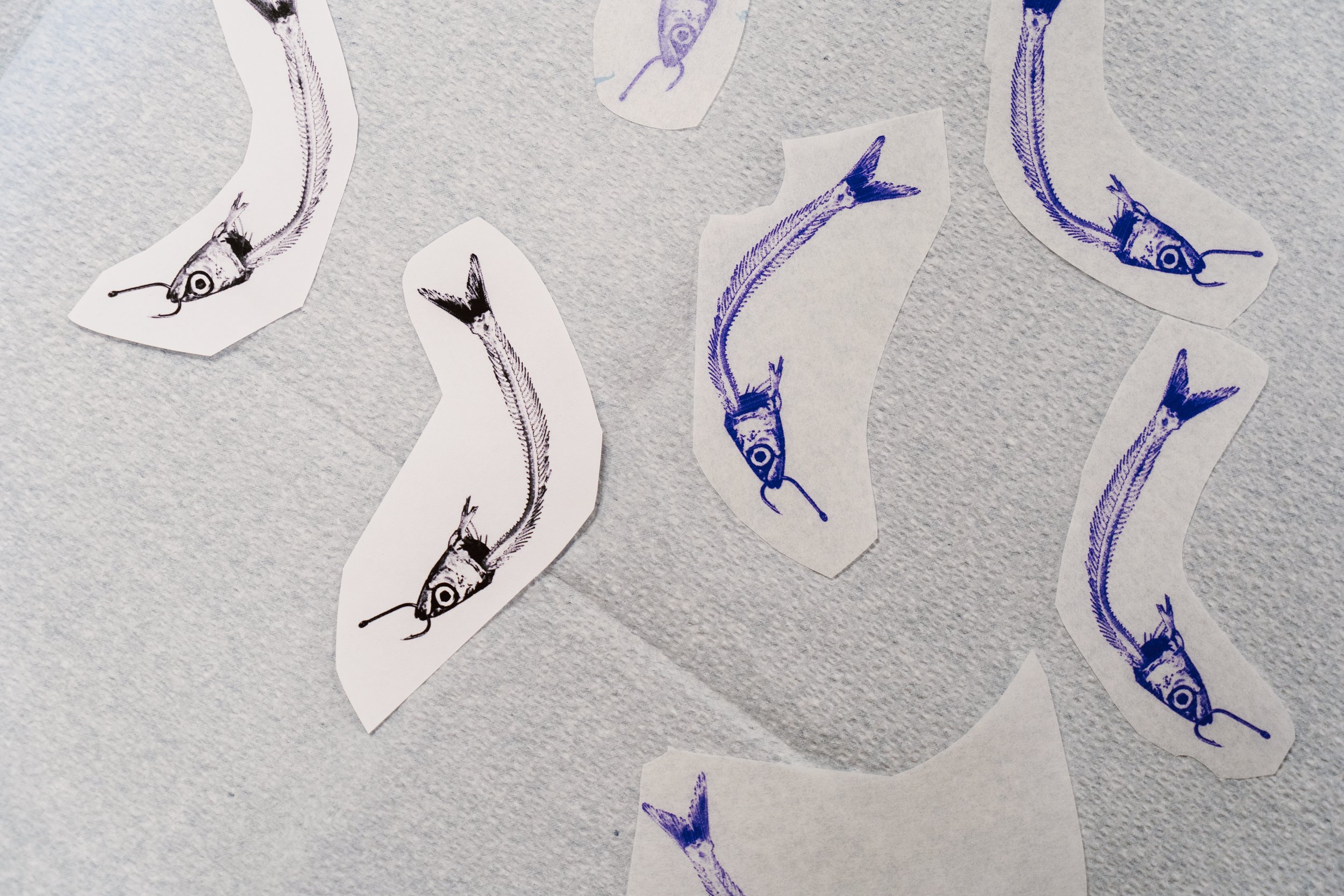 Detailed close-up of illustrated fish tattoo design stencils laid out on a surface.