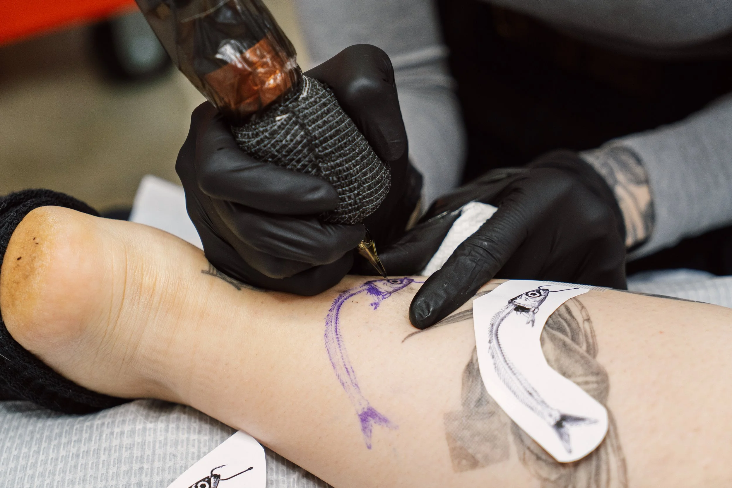 A close-up of a tattoo artist's gloved hands using a tattoo machine to carefully outline a design on a client's leg over a purple stencil.