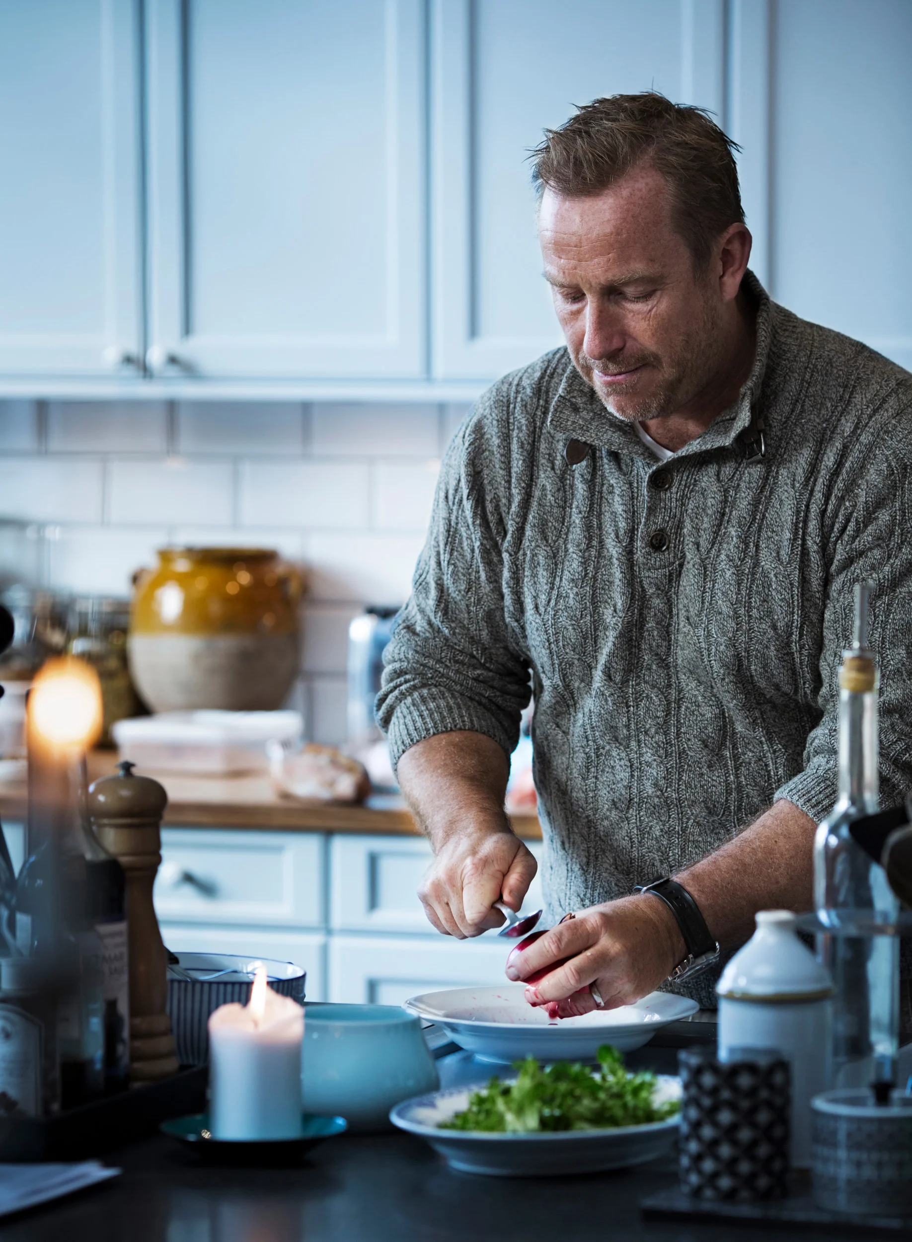 Adam Price builds up the perfect salad with duck confit for an article on his favourite Christmas dishes . He also made us a scoop of homemade vanilla icecream. Sublime.