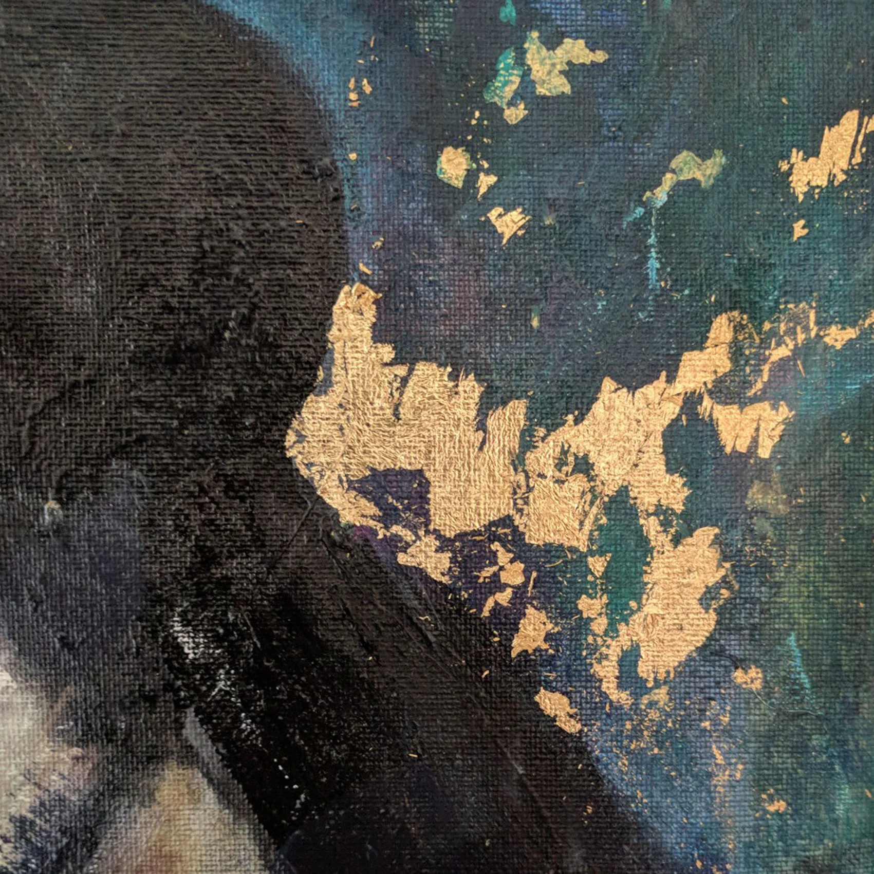 Kerry Beall close up painting gold blue green acrylic art for sale