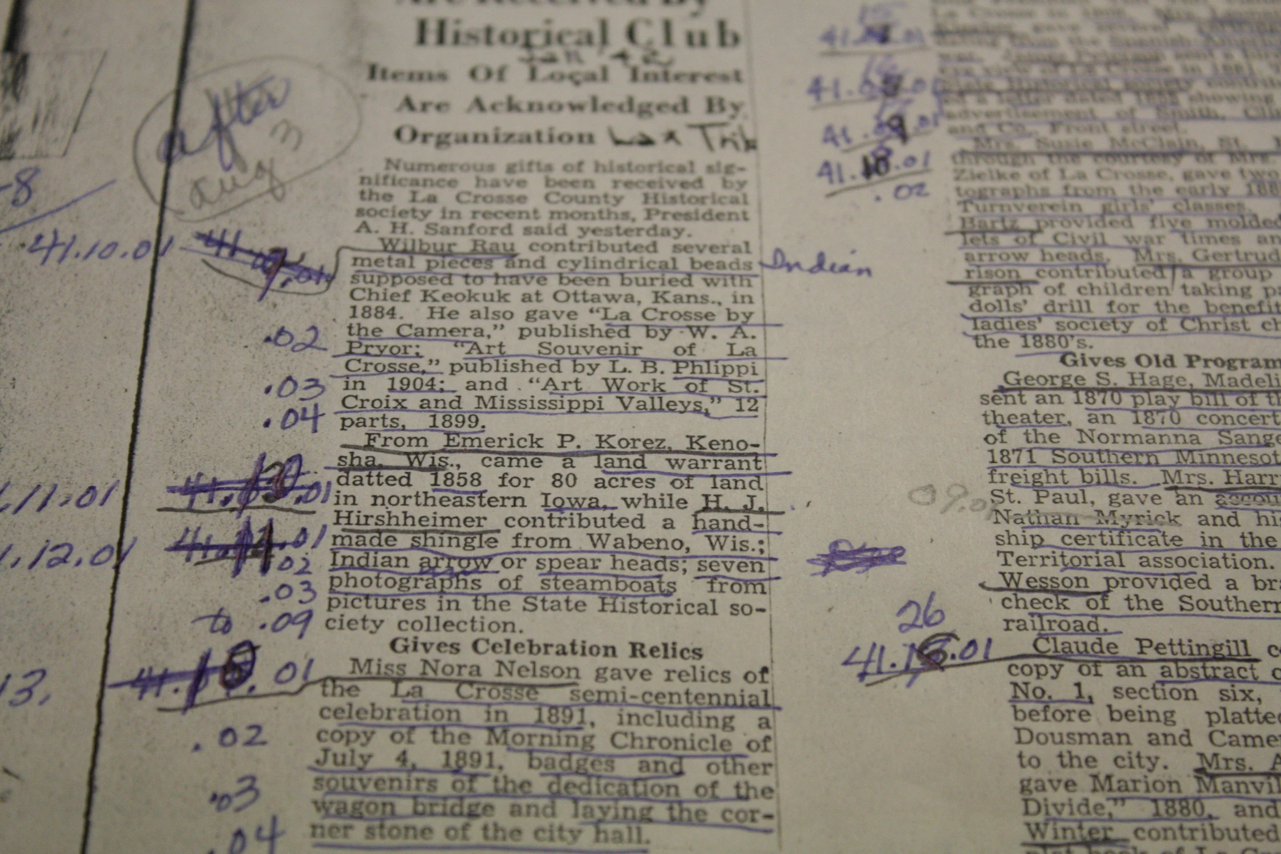 A copy of a La Crosse Tribune article from 1941. A member has underlined the donors names and items donated and given the items their individual numbers.