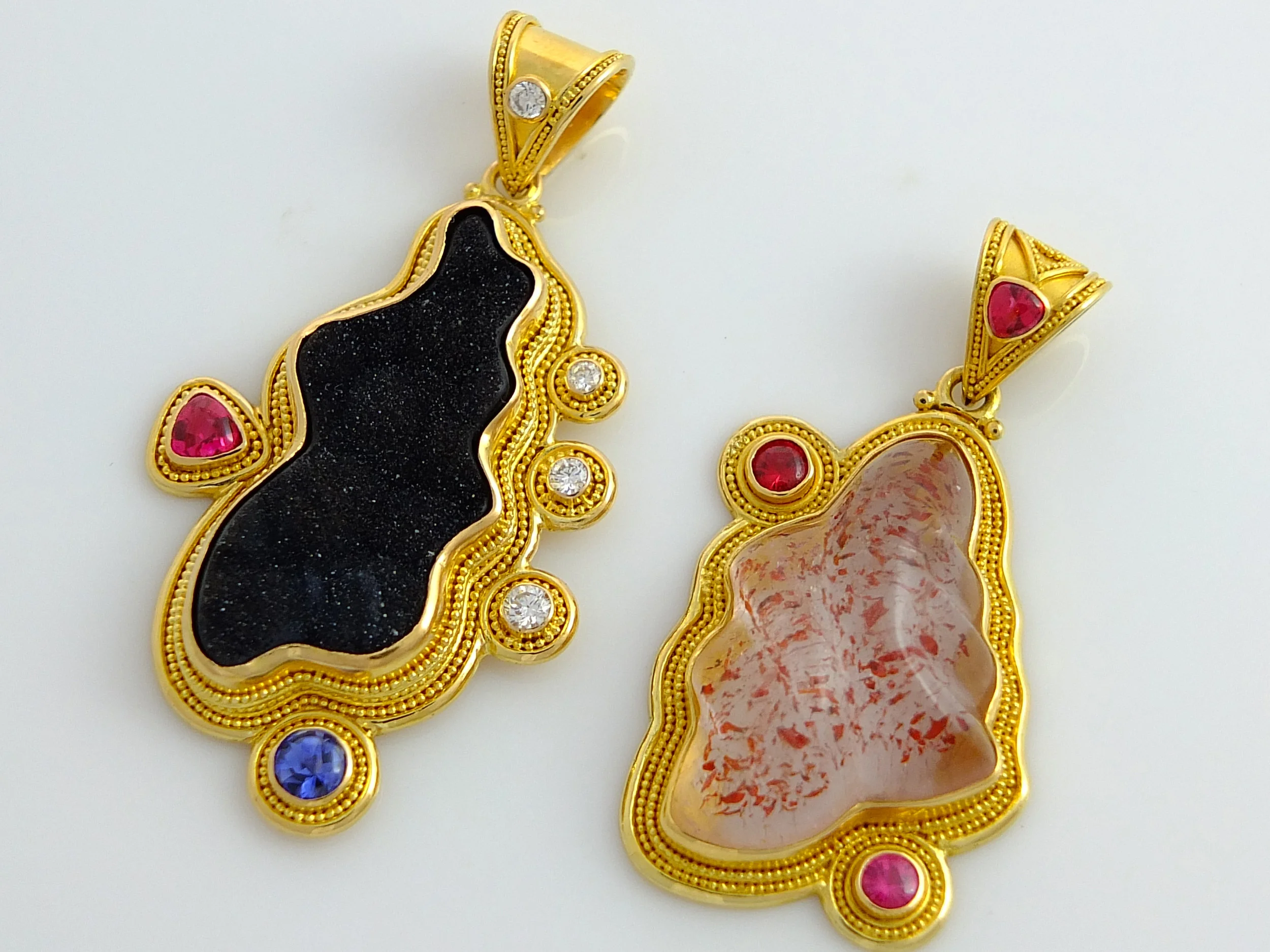 Black druz, strawberry fire agate pendent