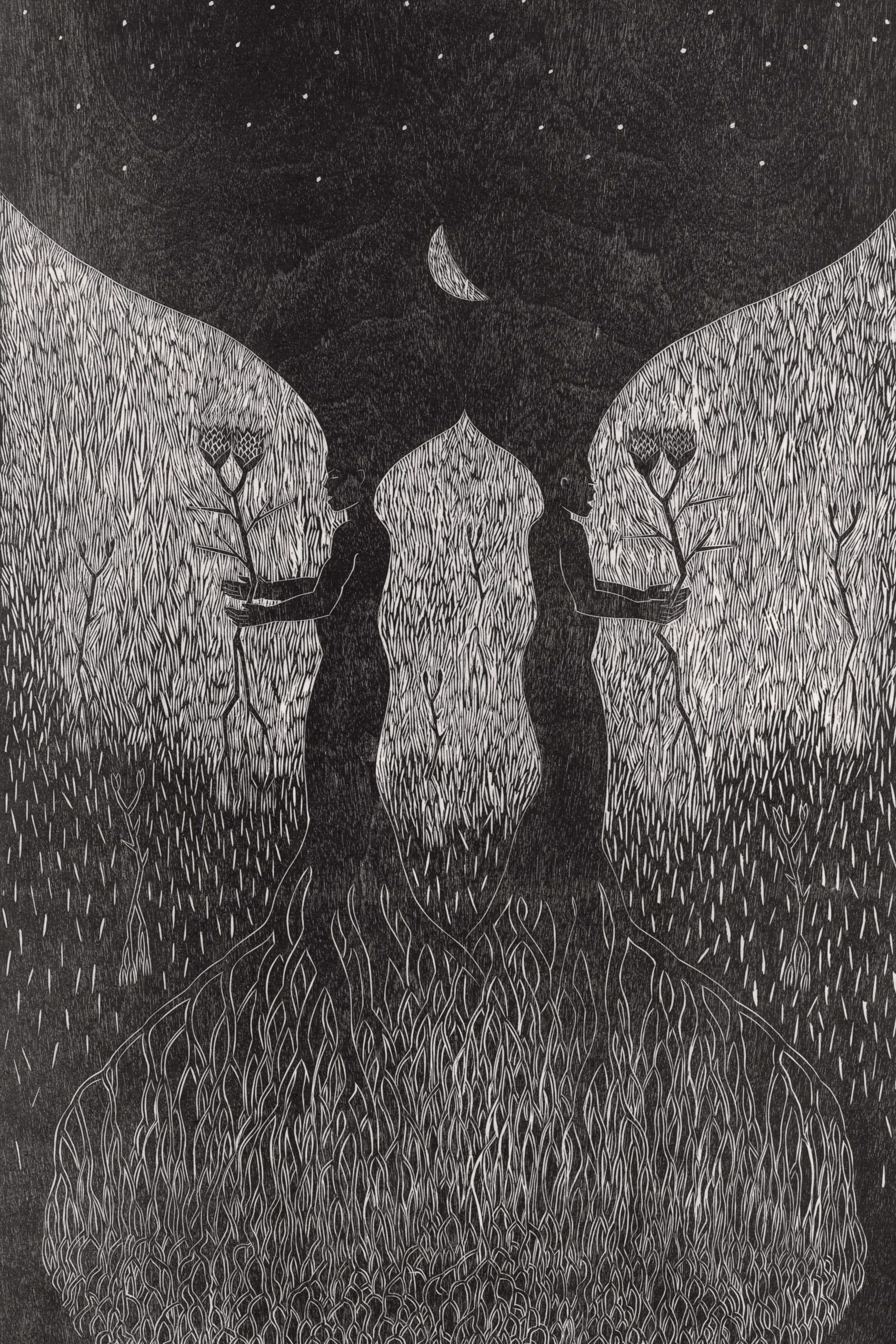 Black and white woodblock print featuring two figures standing in a field with tall grass with their backs to one another. Each figure is holding a plant with large leaves. The background shows a night sky with stars and a crescent moon.