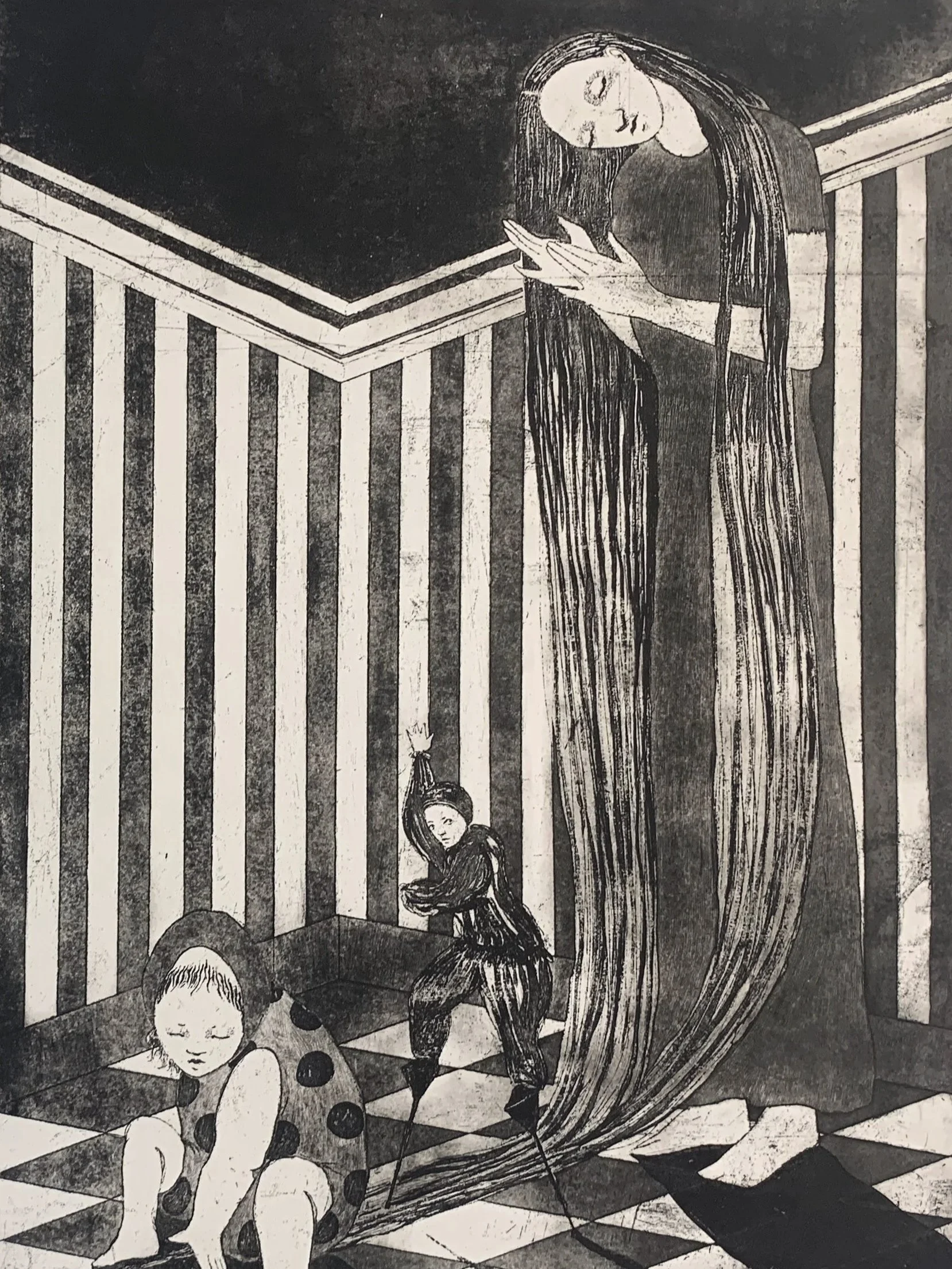 Black and white intaglio print of a woman with long hair standing and holding her hands in praying position, children sitting on a checkered floor with game balls.